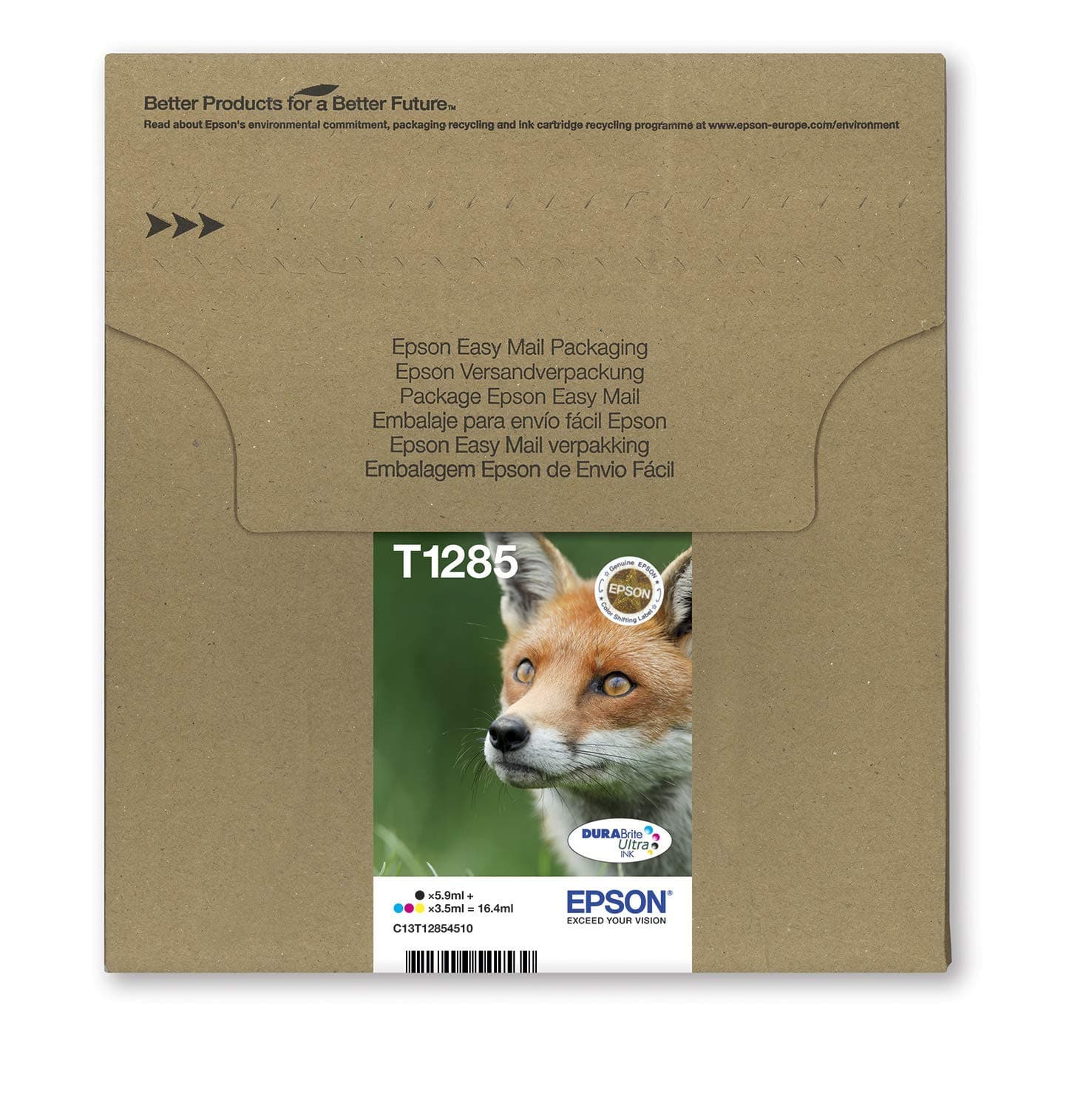 T1285 Fox Genuine Multipack, Eco-Friendly Packaging, 4-colours Ink Cartridges, DURABrite Ultra Ink