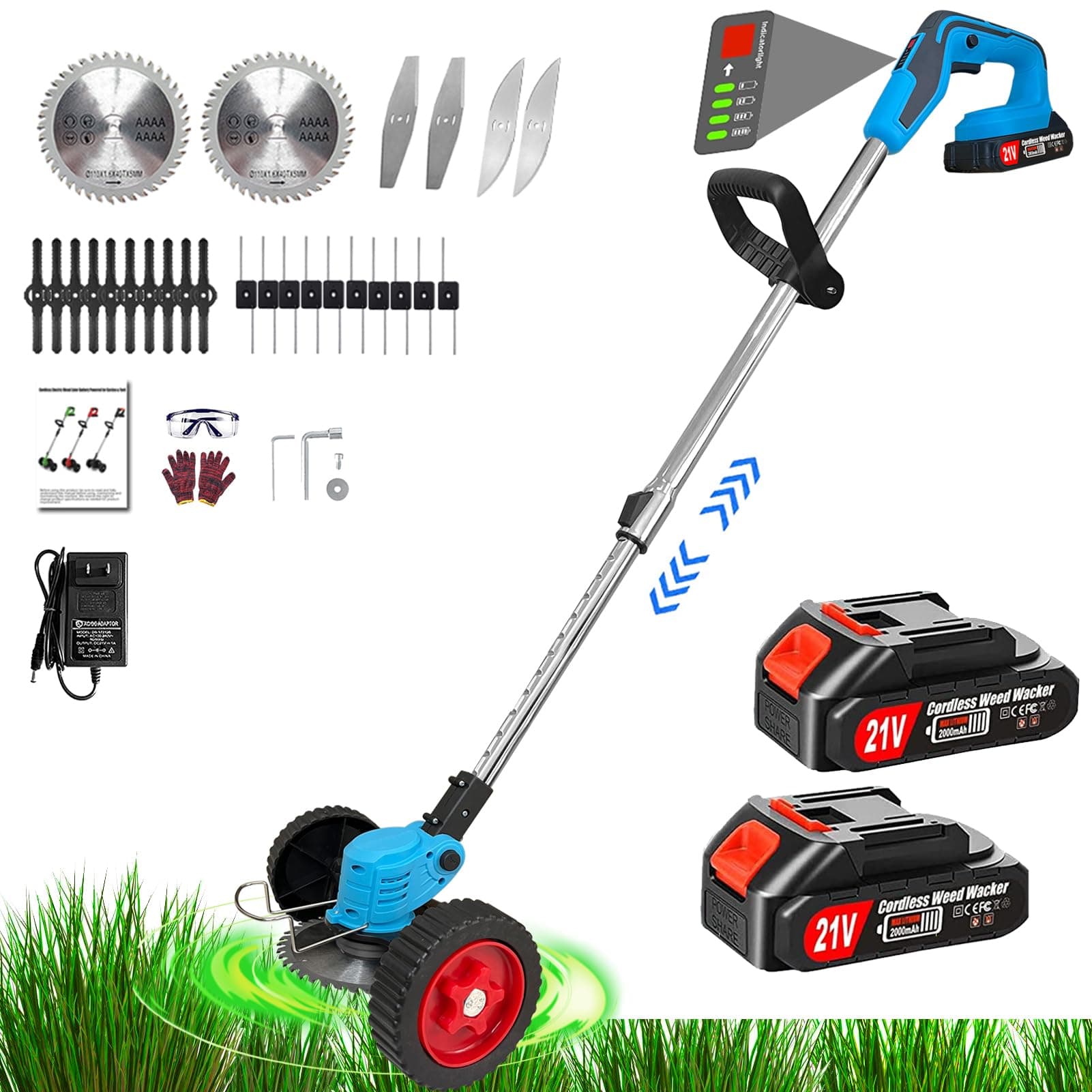 Weed Wacker Cordless Weed Eater Battery Powered, Lightweight Electric Grass Trimmer/Edger Lawn Tool/Brush Cutter with 5 Types Blades and 2Pcs 2000mAh Battery, Portable Weed Eaters for Yard and Garden