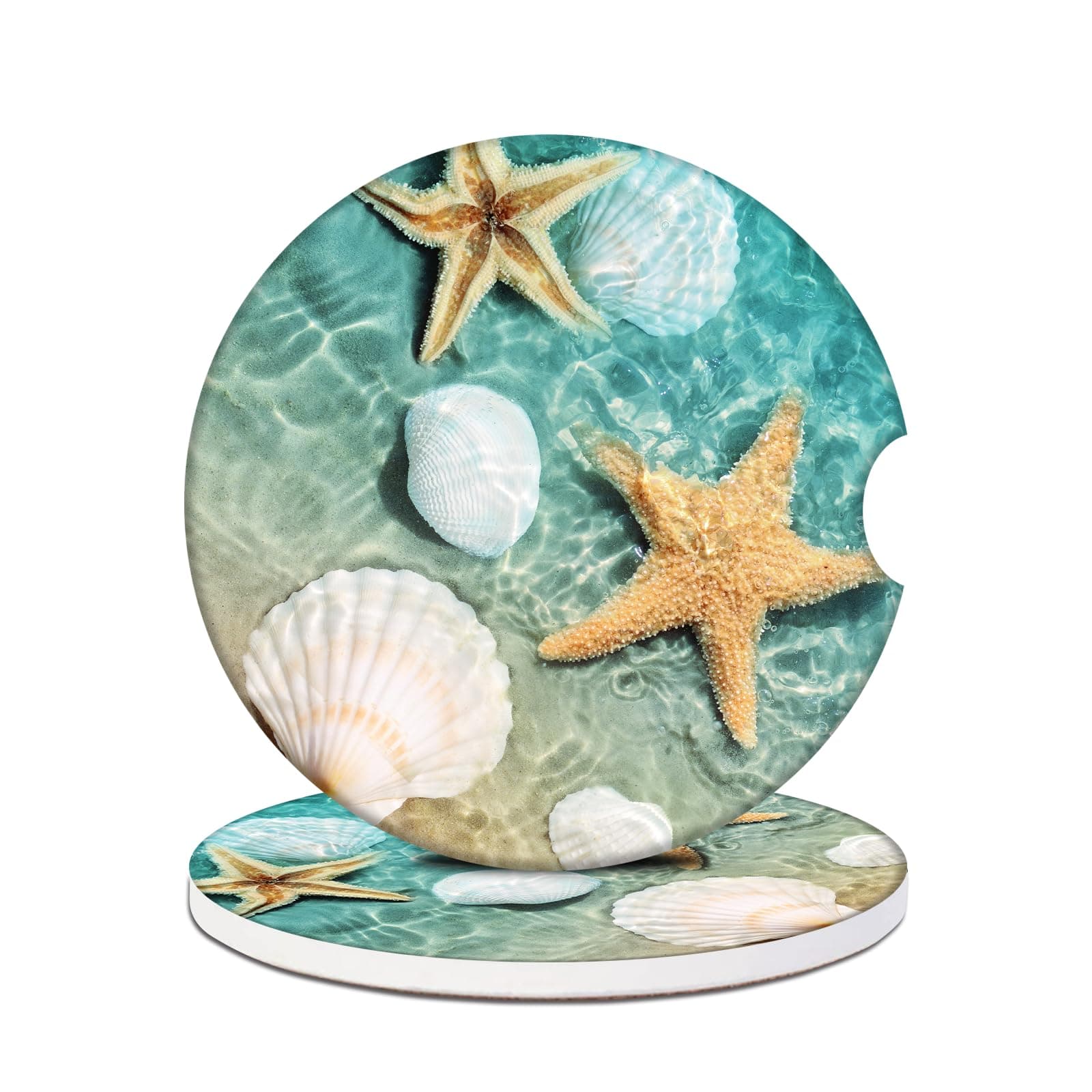 Car Cup Holder Coasters - Sea Starfish & Shells Absorbent Ceramic Coaster 2 Pack, Anti Slip Car Coasters for Cup Holders, Fashion Car Interior Accessories Drink Coaster for Women & Men