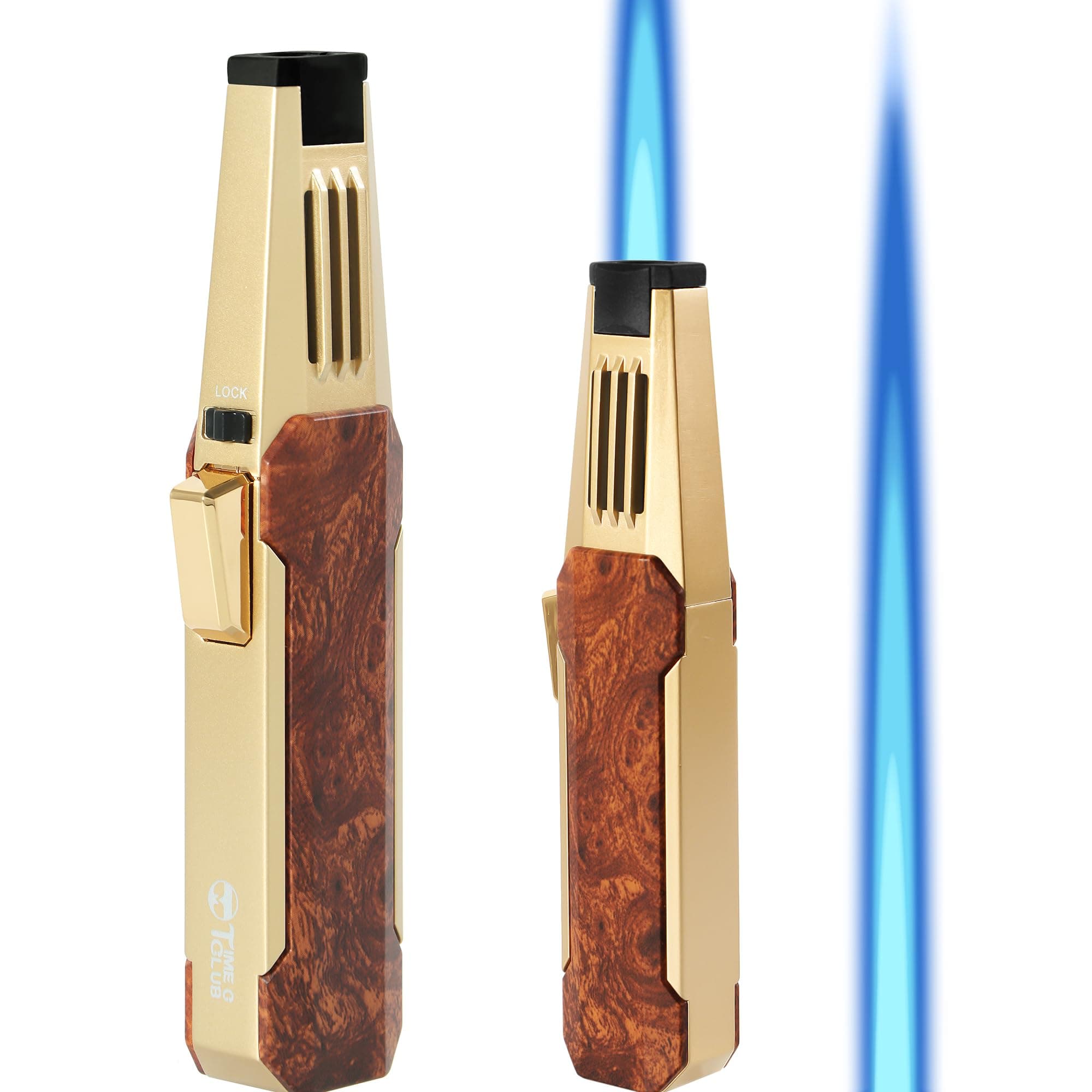 Butane Torch Lighter, Welding Torch,Super Long Flame,Refillable Kitchen Cooking Torch Windproof Adjustable Flame Solar Beam Torch Blow Torch with Safety Lock，Walnut Gold Style