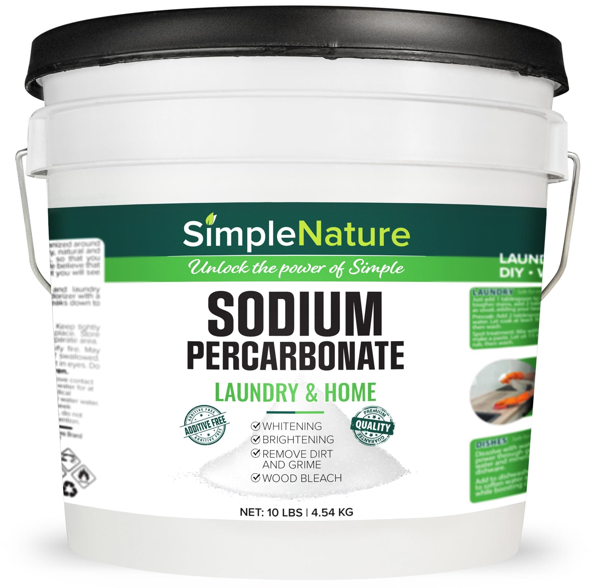 SimpleNature Sodium Percarbonate (10 lbs) - Versatile Non-toxic Biodegradable Scent-Free Cleaner for Home, Laundry, and Decking - Pure Oxygen Bleach - Convenient Resealable Container