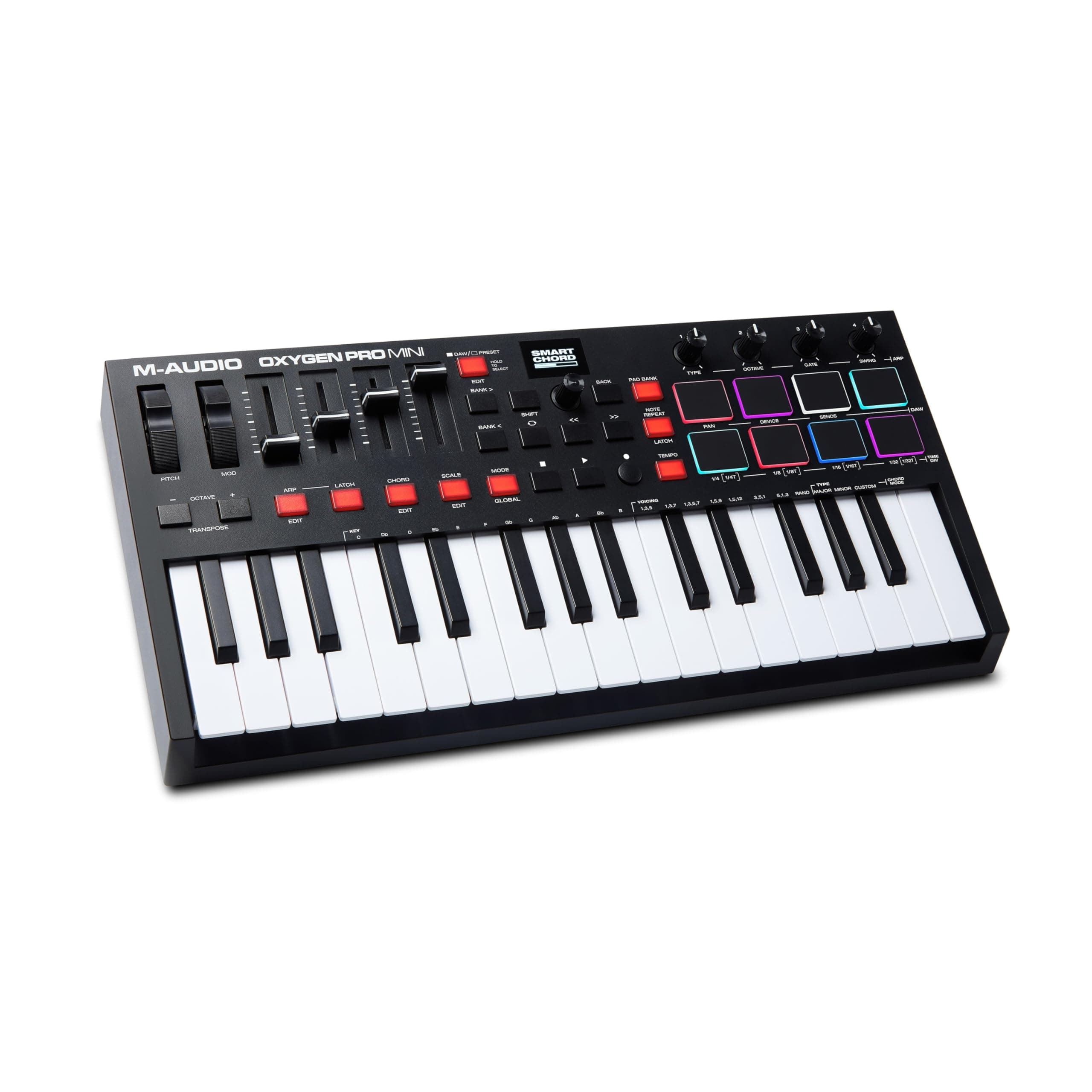 Oxygen Pro Mini 32-Key USB MIDI Keyboard Controller for MacOS and WinOS, with Beat Pads, Assignable Knobs and Faders, and Native Instruments Sound Pack (NKS Integration)