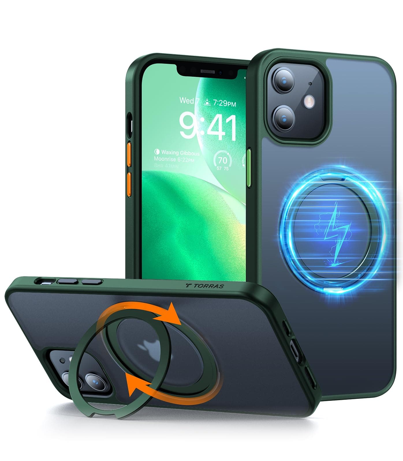 TORRAS 360°Rotatable Magnetic Ring for iPhone 12/12 Pro Case, Snap to MagSafe with Built-in Stand & Ring Holder, Mil-Grade Drop Tested Shockproof Back Soft Bumper Kickstand Ostand R Series, Green