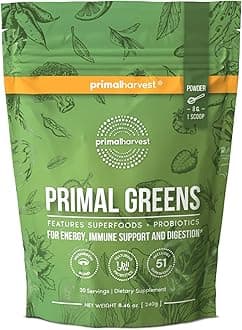 - Primal Harvest Super Greens Powder, 30 Servings w/+50 Greens Superfood Chlorella, Probiotics, Green Tea, Wheatgrass, Kale, Turmeric for Energy,Primal Greens