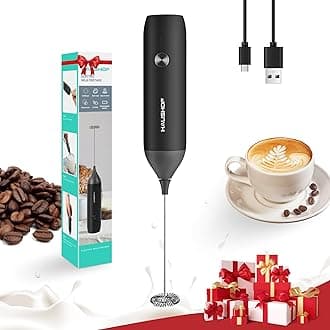 HAUSHOF Powerful Rechargeable Milk Frother Wand, Handheld Electric Foam Maker, Drink Mixer with Detachable Stainless Steel Whisk for Coffee Latte, Cappuccino, Matcha, No Stand, Black
