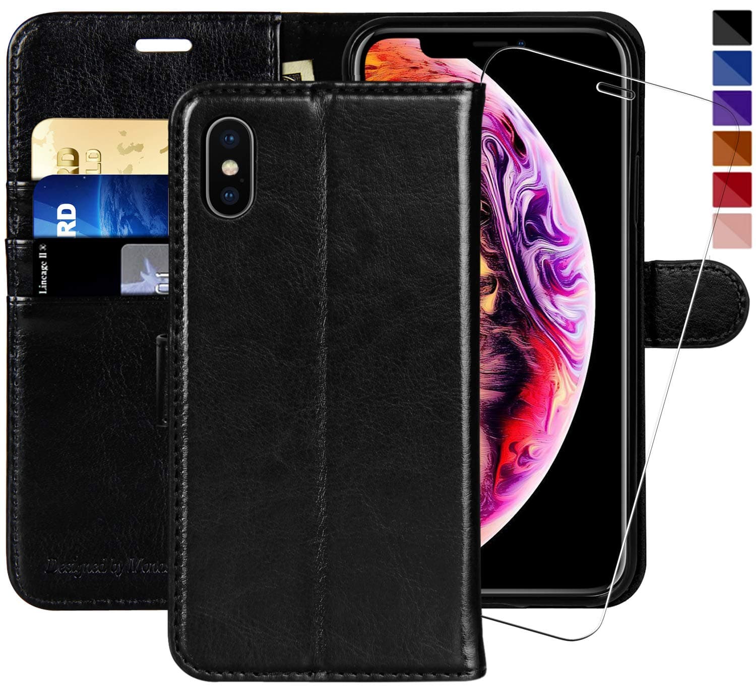 MONASAY iPhone XS Wallet Case/iPhone X Wallet Case,5.8-inch [Glass Screen Protector Included] Flip Folio Leather Cell Phone Cover with Credit Card Holder for Apple iPhone XS/X,Black