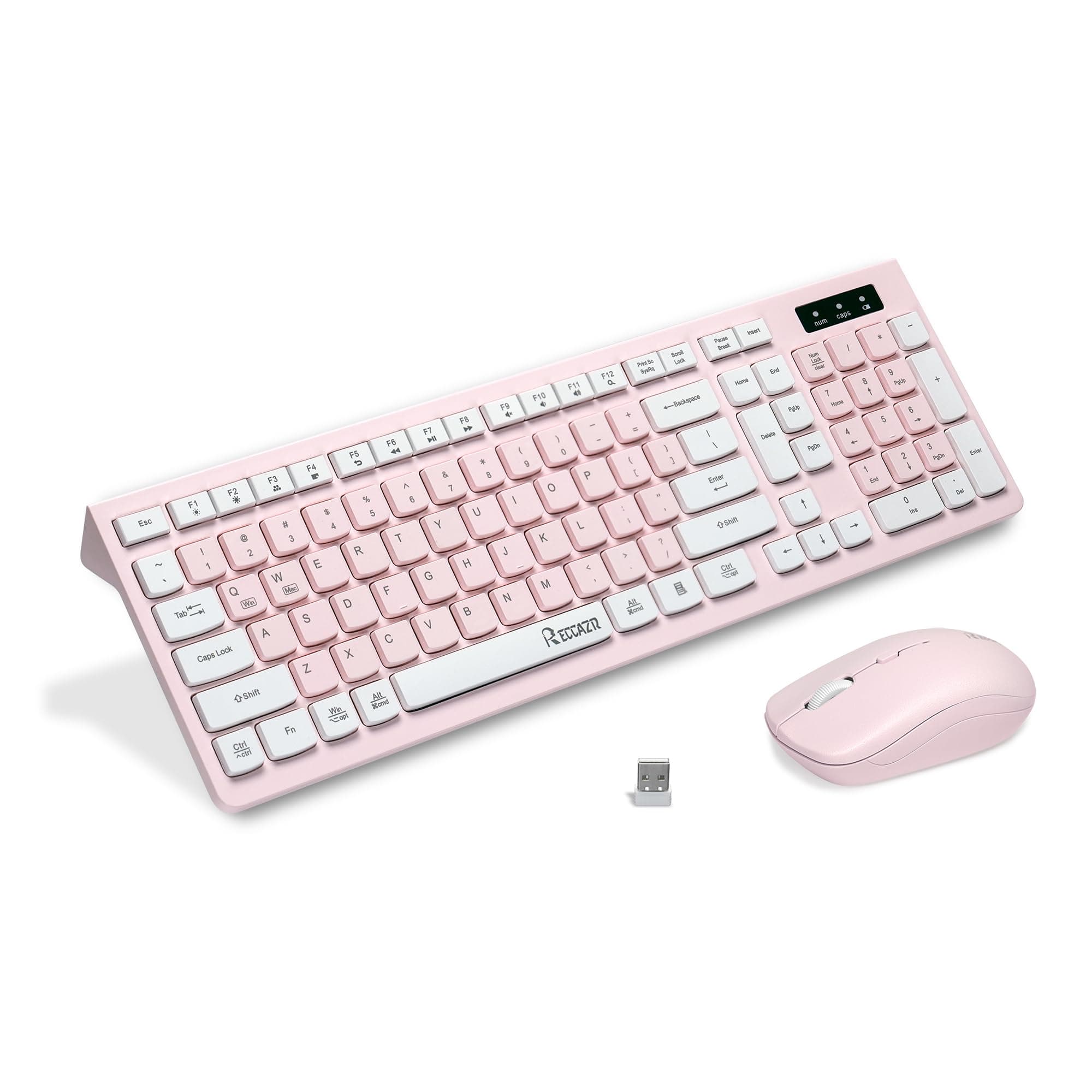 Wireless Keyboard and Mouse Combo, Reccazr 2.4G Full-Sized Keyboard and Mouse Cordless, 3 DPI Adjustable Mouse, Dual-System Keyboard for Computer/Laptop/Windows/Mac (Pink & White)