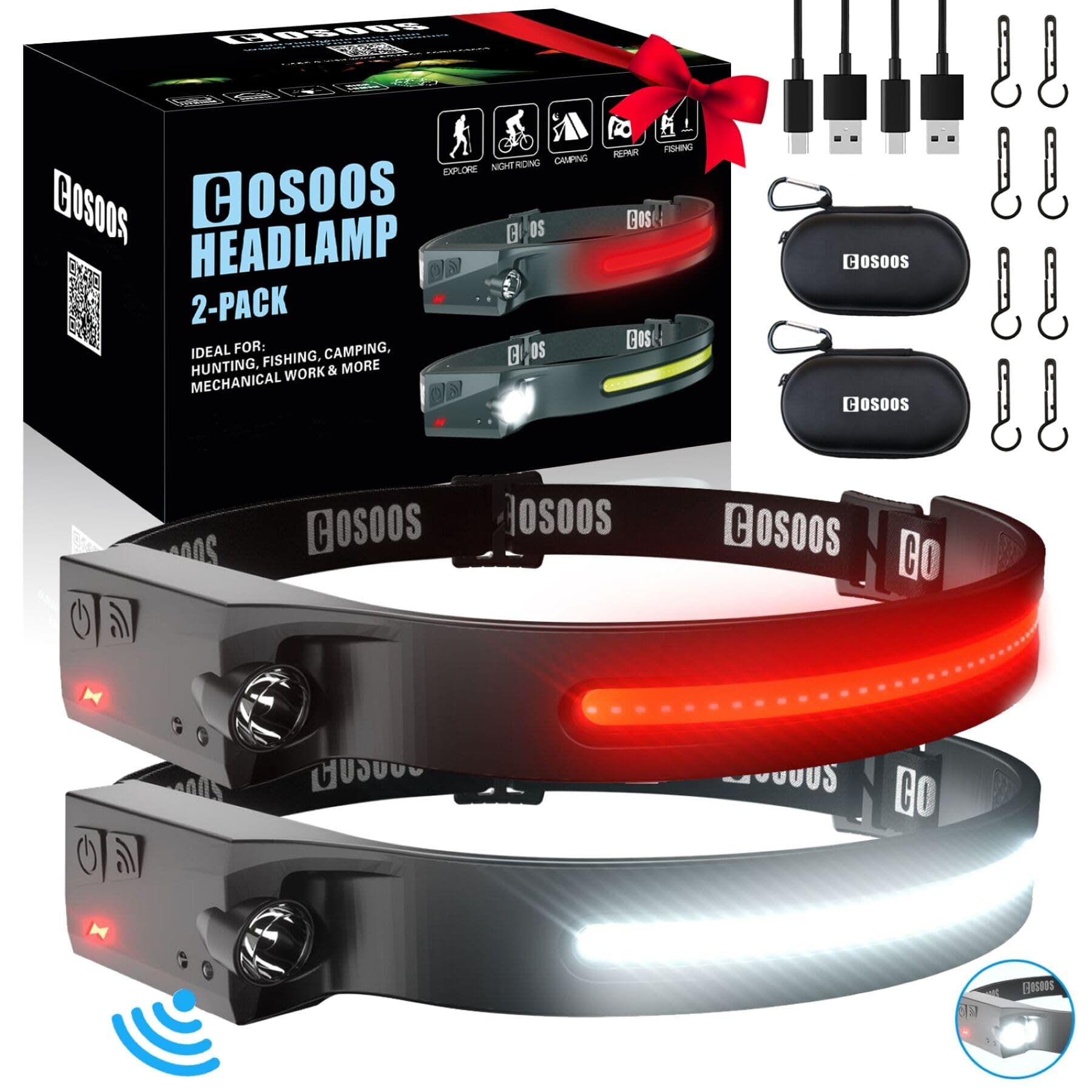 Original 2 Rechargeable Headlamp Flashlight w/Red Light & Carry Case,1000 Lumen Bright LED Head Lamp Wide Beam, Motion Sensor, 2.4 oz Lightweight Headlight for Hiking & Camping Gear