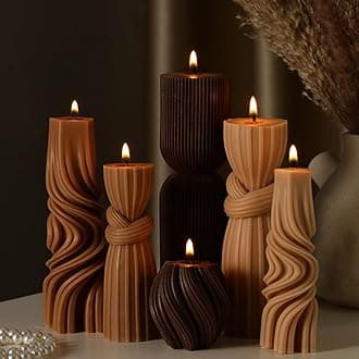 6 Pcs Pillar Candles Decorative Modern Aesthetic Ribbed Candle Set Cute Soy Wax Scented Ribbed Decor Valentine's Commemorative Gift for Home Decoration(Brown,2.36-6.89 Inch)
