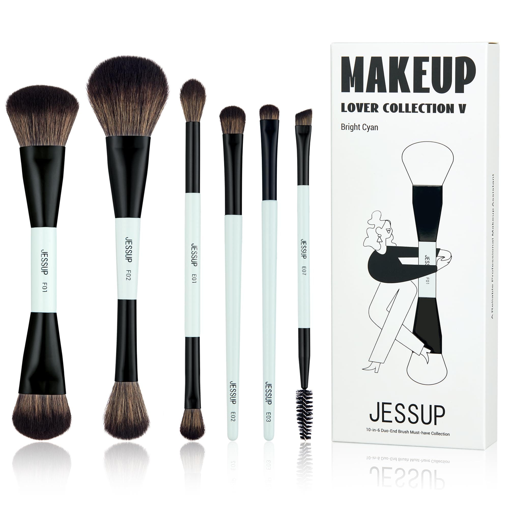 Makeup Brush Set 6pcs Double Sided Makeup Brushes Foundation Contour Blush Highlight Blending Eyebrow Brush Eyeshadow Brush, Vegan Make up Brushes Bright Cyan T501