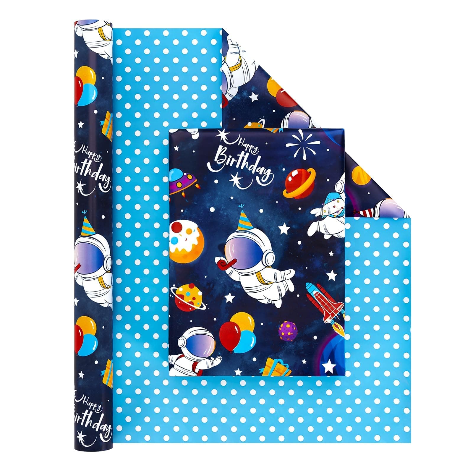 Space Reversible Wrapping Paper Roll - 1 Roll 17” x 33 ft Happy Birthday Wrapping Paper Kids Blue Space Birthday Gift Wrap Roll Boys Wrapping Paper Polka Dot Design Outer Space Party Favor
