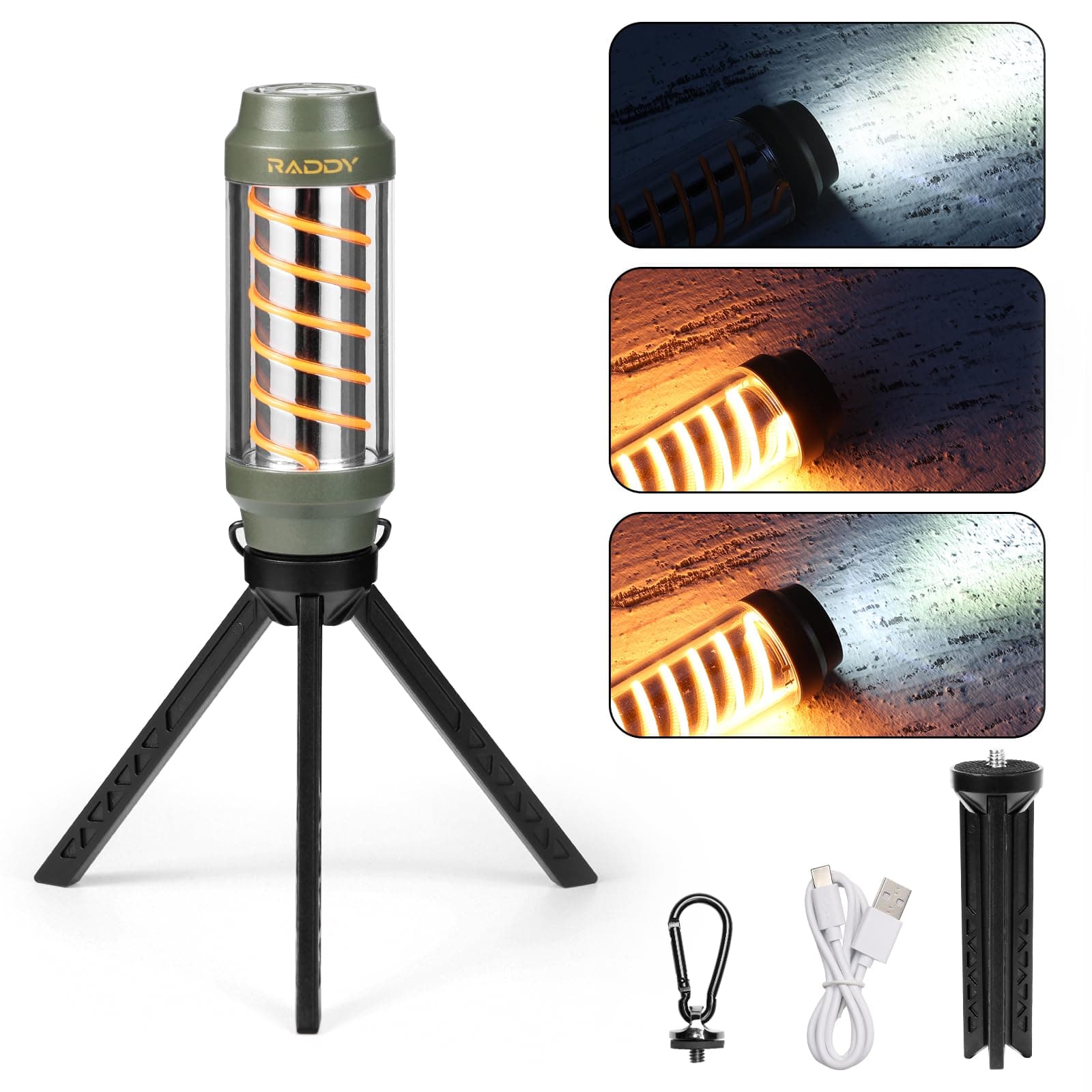 Raddy CL-1 Portable Rechargeable Flashlight with 7 Light Modes, IPX6 Waterproof, Carabiner and Stand, for Hiking, Fishing, Emergency, Power Outage