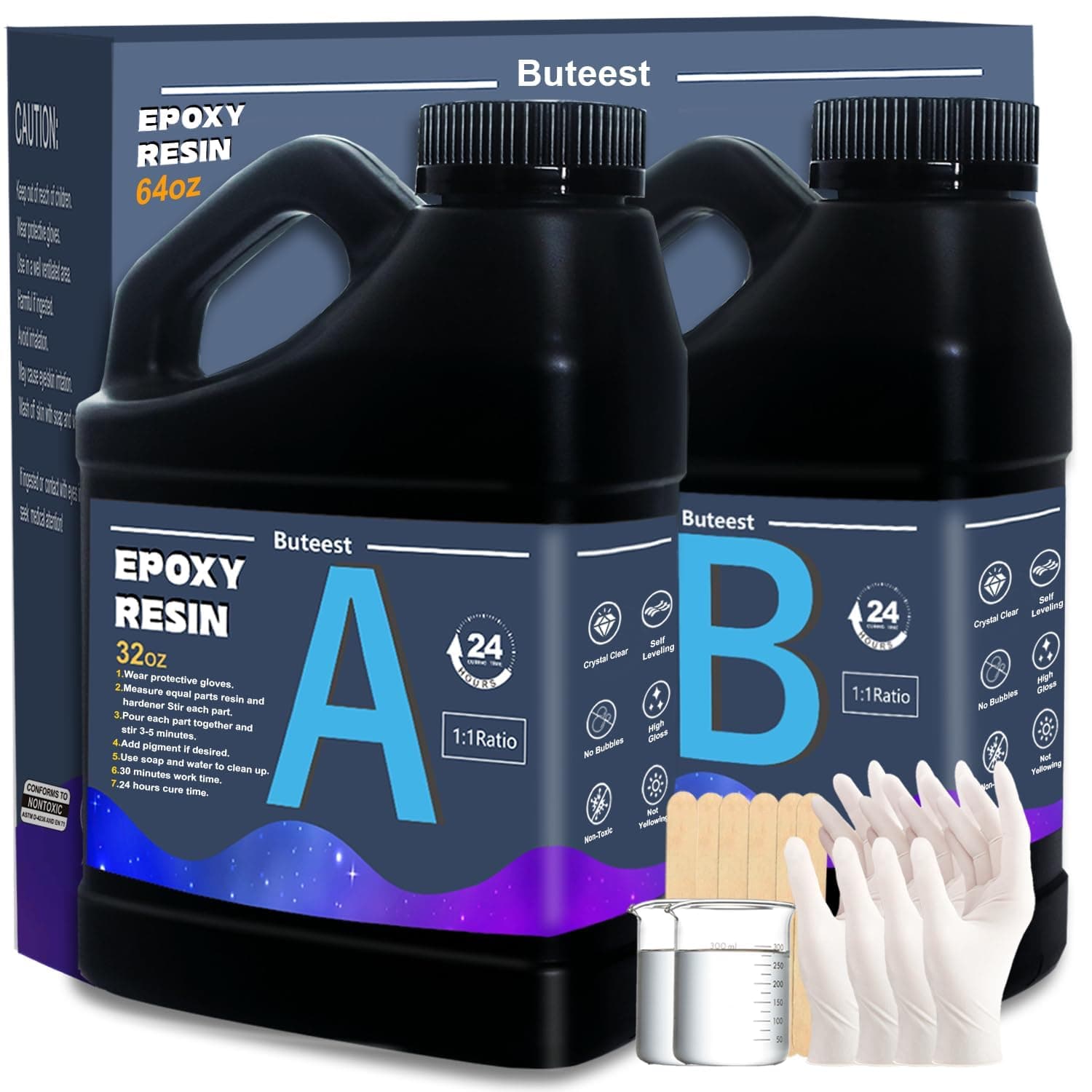 Epoxy Resin Kit Crystal Clear for Beginners 64OZ, Self-Leveling High-Gloss No Odor No Bubbles No Yellowing Art Resin, Casting&Coating Resin for Art Crafts, Coasters, Jewelry, Wood&Molds