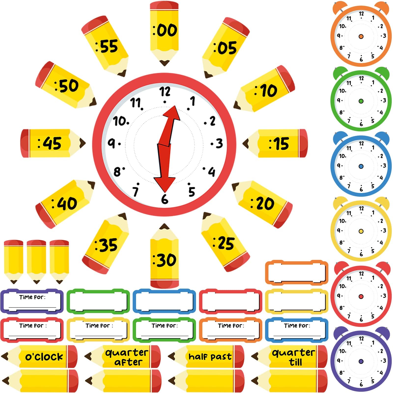 45 Set Telling Time Bulletin Board Clock Labels for Classroom Telling Time Poster Clock Practice Bulletin Board Classroom Clock Set Clock Poster for Classroom Home Parties Bedroom Decor