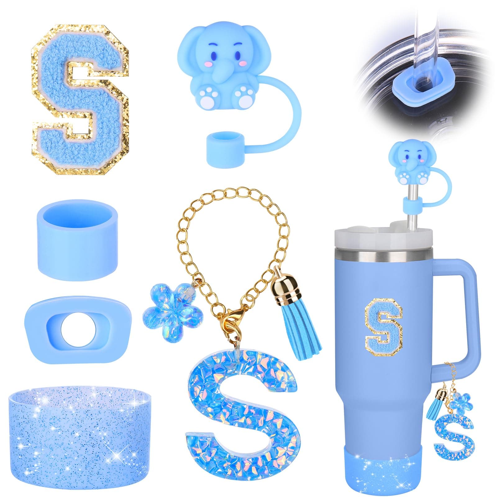 Mity rainCup Accessories Set for stanley 30 oz 40 oz tumbler with handle, Including Initials Charms, Straw Cover Cap, Boot, Sticker, Silicone Spill Proof Stopper,Blue Decorate for Boy Girl (Letter S)