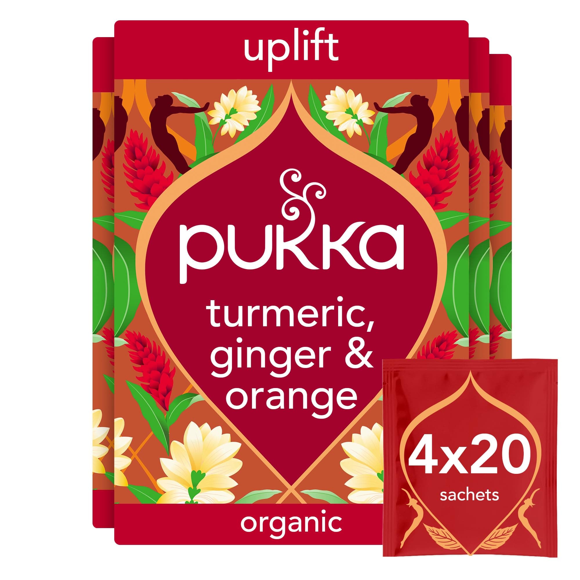 Turmeric Active Organic Box |Tea With Ginger, Turmeric, Nettle & Orange | Ideal For Boosting Energy | 4 Packs | 80 Plant Based Biodegradable Tea Bags