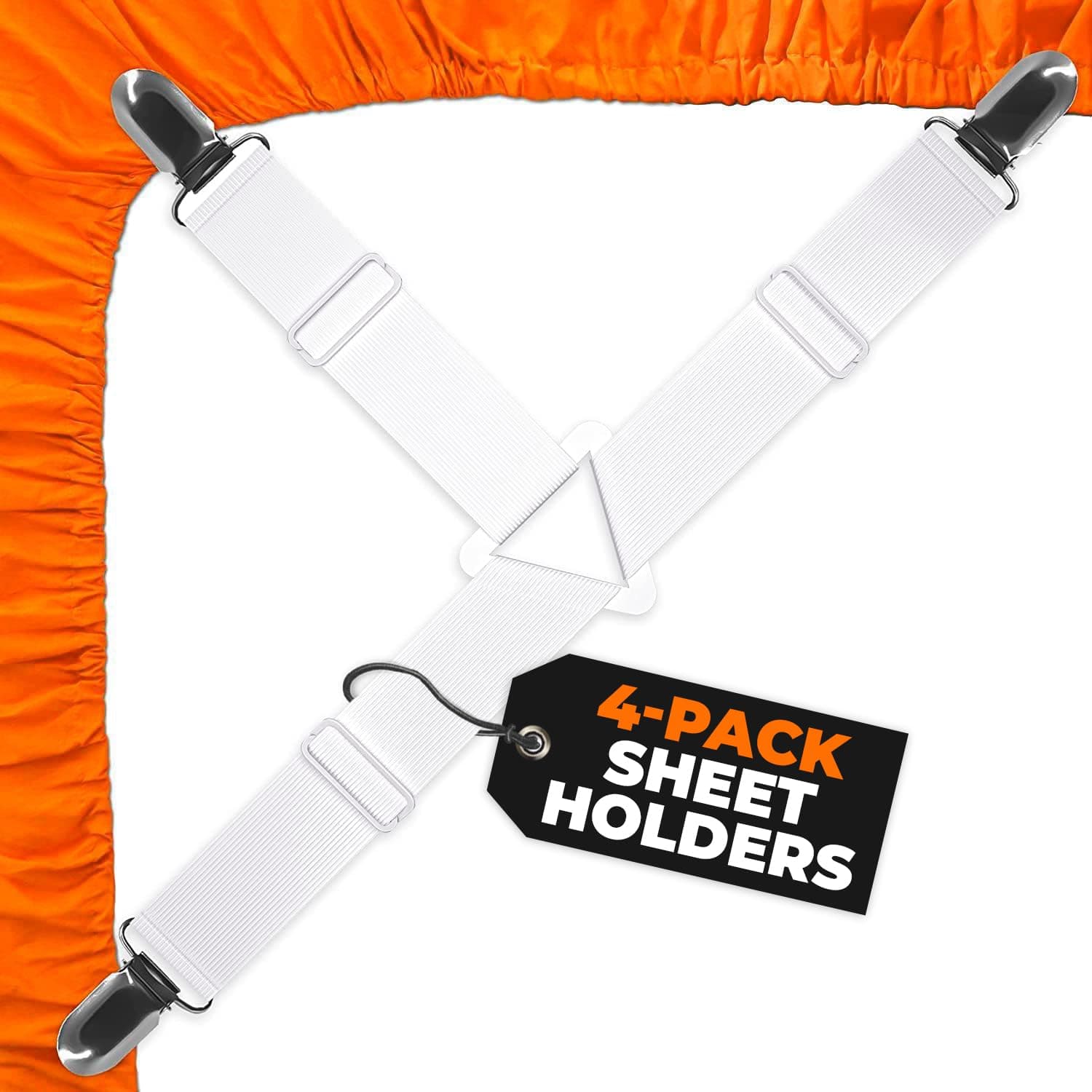 5 STARS UNITED Bed Sheet Straps Set | Easy to Use Adjustable Elastic Fasteners with Metal Clips | Sheet Holders for Corners | Fitted Sheet Clips to Hold Sheets in Place | (4 Pcs White)