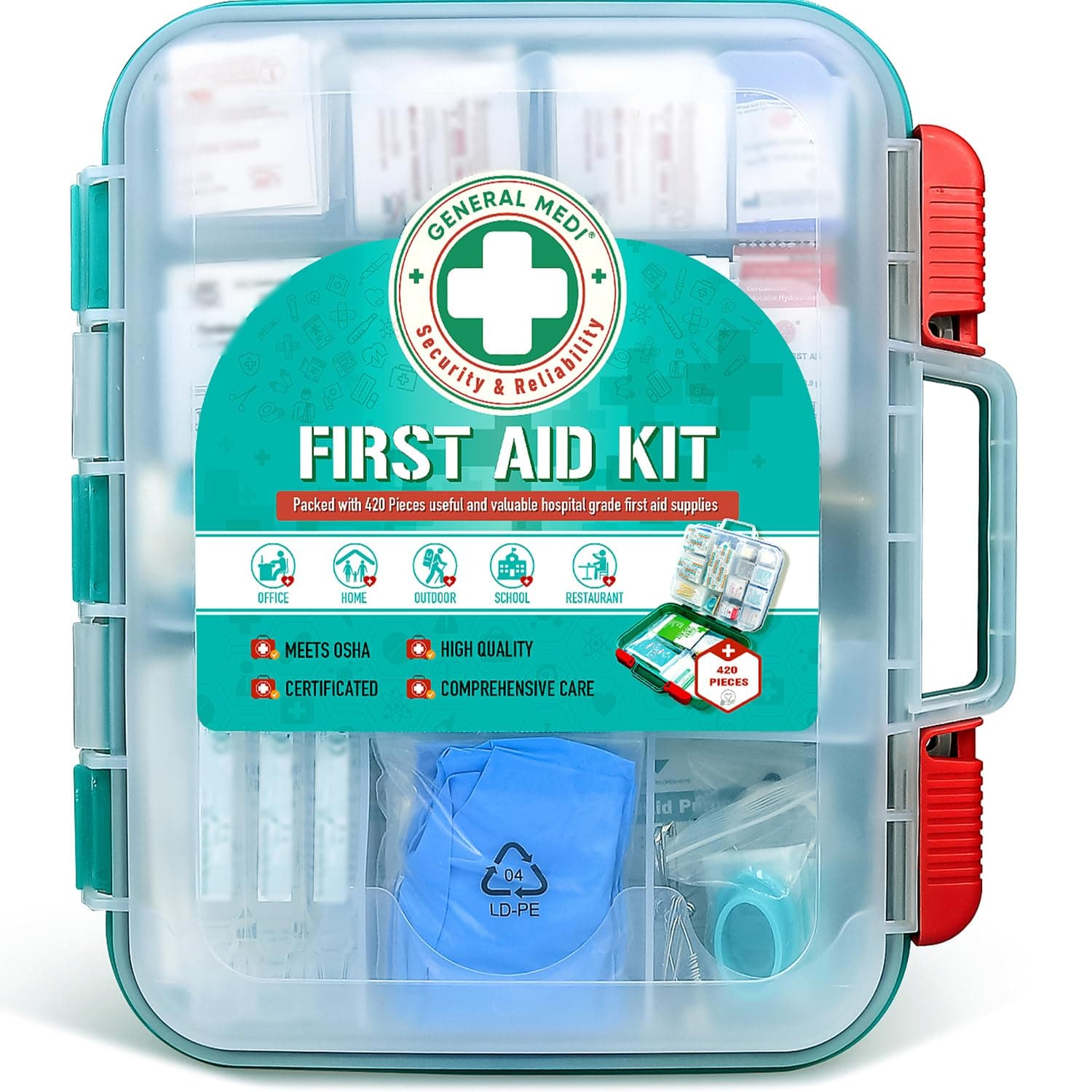 General Medi 420 Pieces Professional First Aid Kit - HardCase First Aid Box - Contains Premium Medical Supplies for Travel, Home, Office, Vehicle, Camping, Workplace & Outdoor