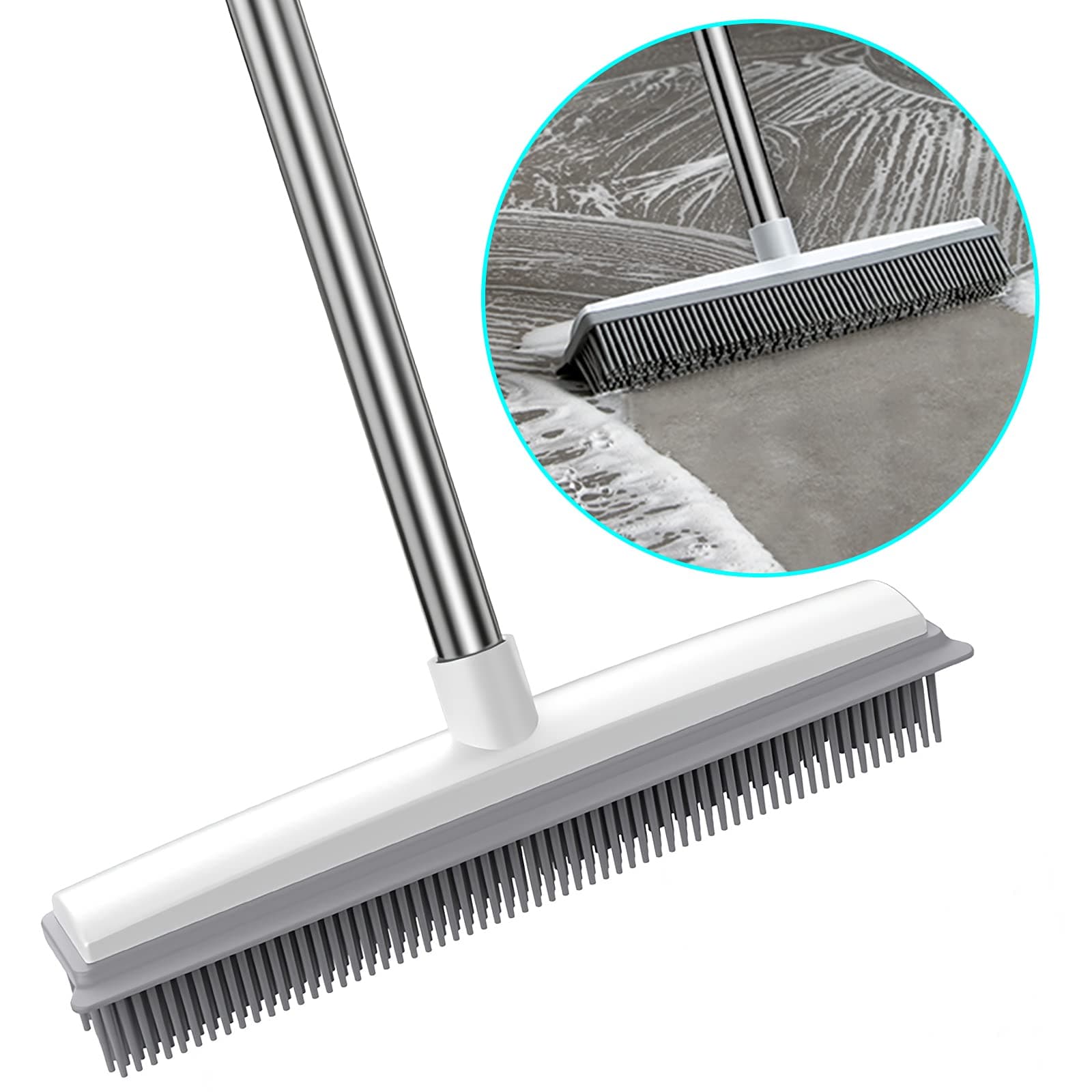SWETHAW Rubber Broom with Squeegee and Adjustable Long Handle, Pet Hair and Fur Remover, Carpet Rake and Floor Brush for Hardwood, Tile and Window
