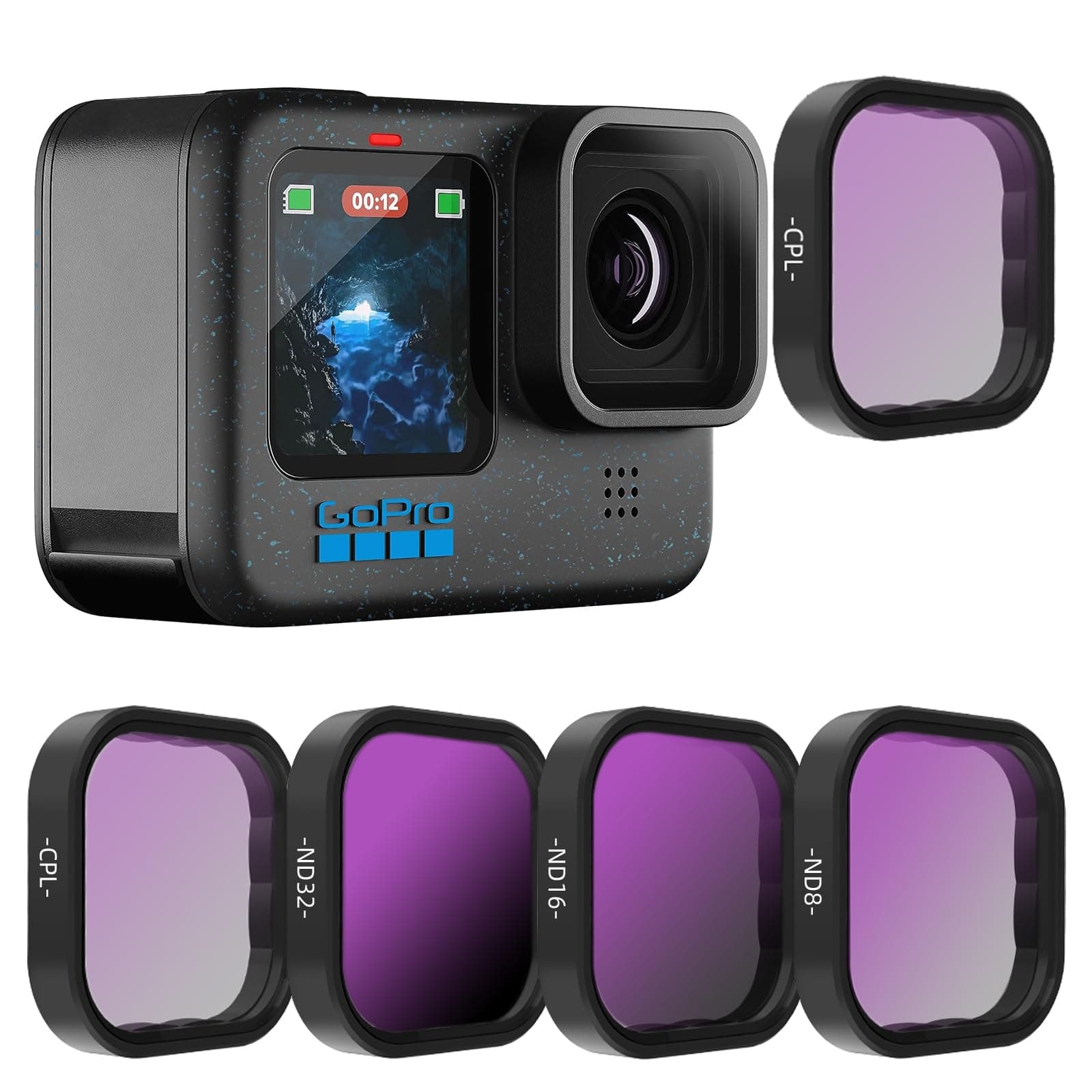 REYGEAK 4-Pack Filter Set CPL ND8 ND16 ND32 Compatible for GoPro Hero 12/11/10/9, Neutral Density and Polarizing Lens Filter Kit Lens Protector for GoPro Accessories Aluminum Alloy Frame