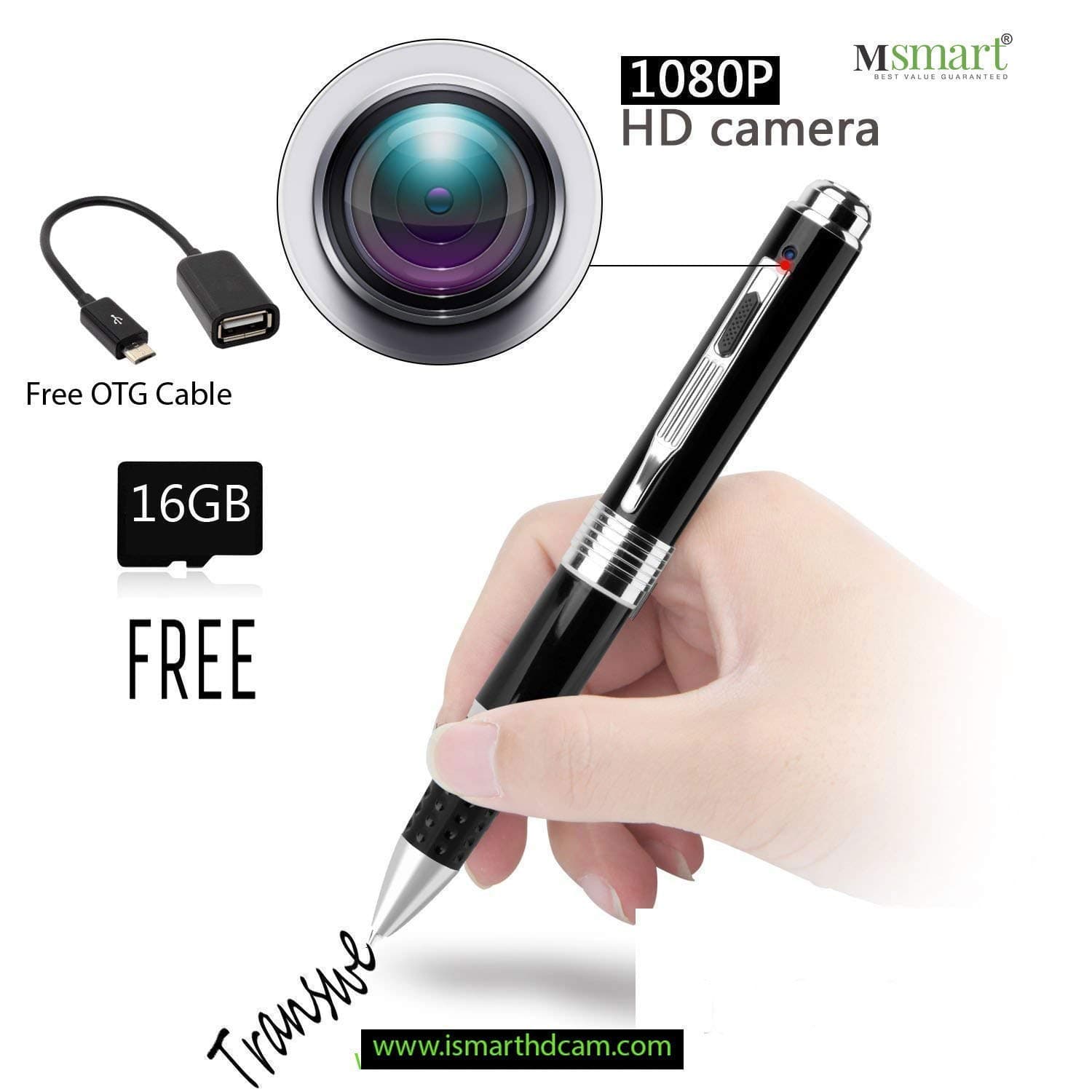 Machsmart® Silver 1080P HD Pen Surveillance Camera with Loop Recording/Plug Play to PC and Mac/16GB Micro SD Card, OTG Cable & Card Reader