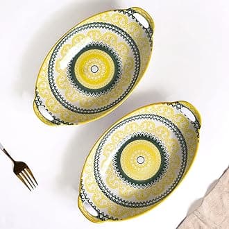 Nestasia Set of 2 Yellow and Green Mandala Design Ceramic Long Platter with Handles for Serving Snacks, Appetizers, Salads, and Noodles | Microwave Safe, Dishwasher Safe (10.8 Inch)