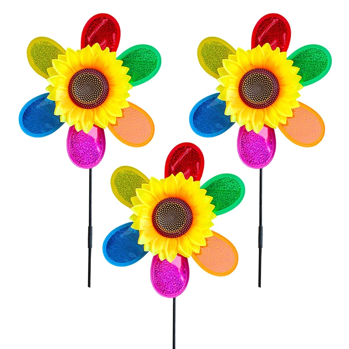 3 Pieces Wind Spinners, Sunflower Windmill, Colorful Sequin Wind Mill Outdoor Flower Pinwheels Garden Ornament, Bird Deterrent, Scarecrow