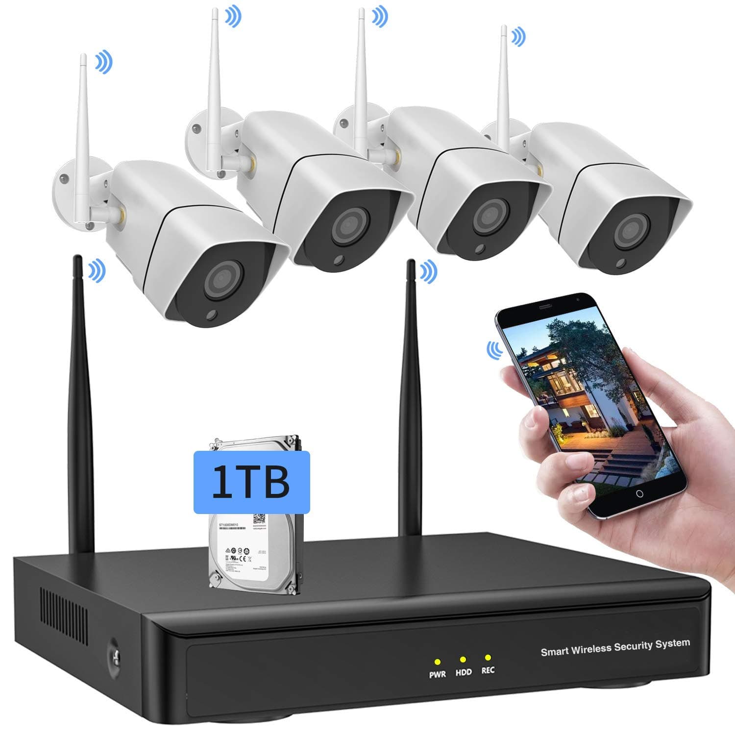 Security Camera System Wireless,Firstrend 8CH 1080P NVR Security System with 4PCS 1MP HD Outdoor IP Security Cameras and 1TB Hard Drive Installed IP66 Waterproof 65FT Night Vision Surveillance System