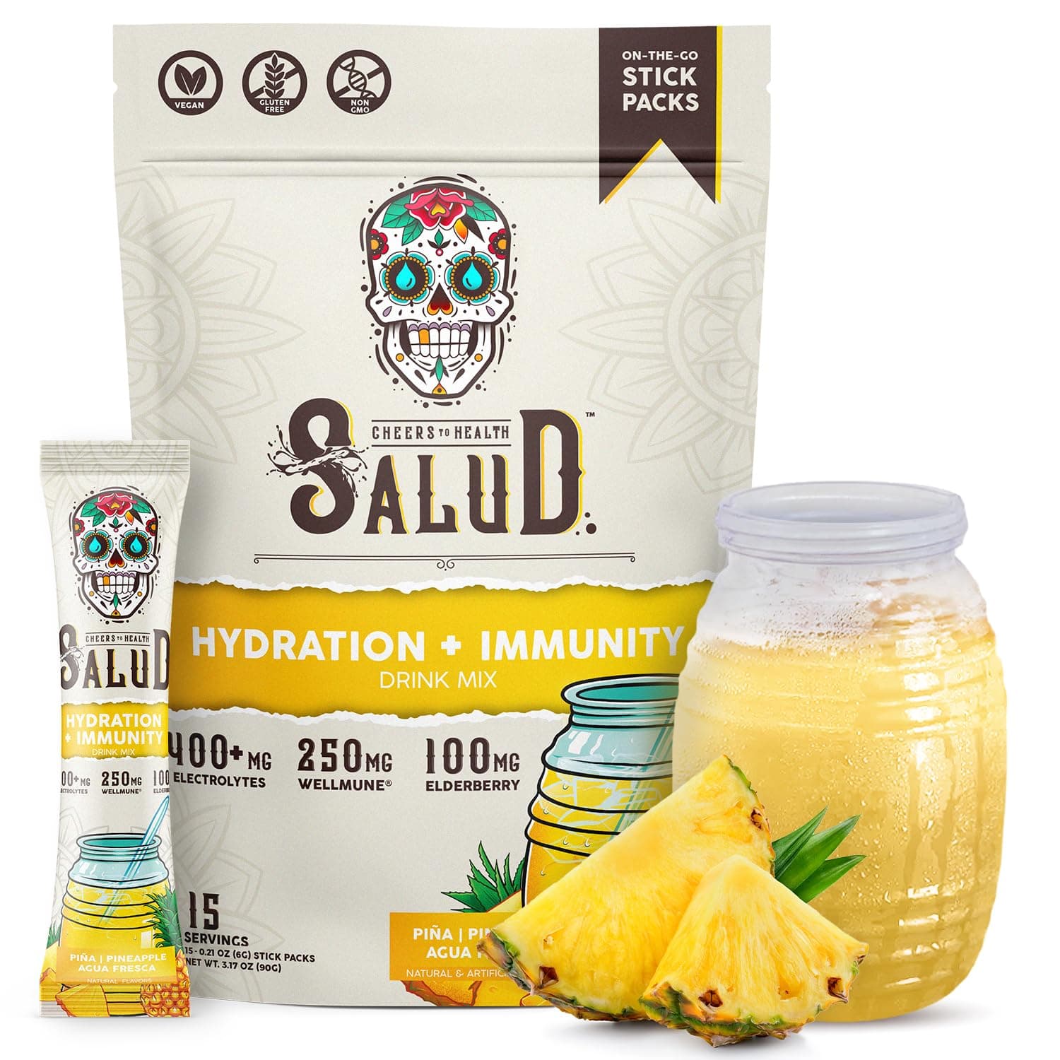 Salud 2-in-1 Hydration Packets + Immunity Electrolytes Powder, Pineapple - Agua Fresca Drink Mix, Elderberry, Dairy & Soy Free, Non-GMO, Gluten Free, Vegan, Low Calorie, 1g Sugar (15 Servings)