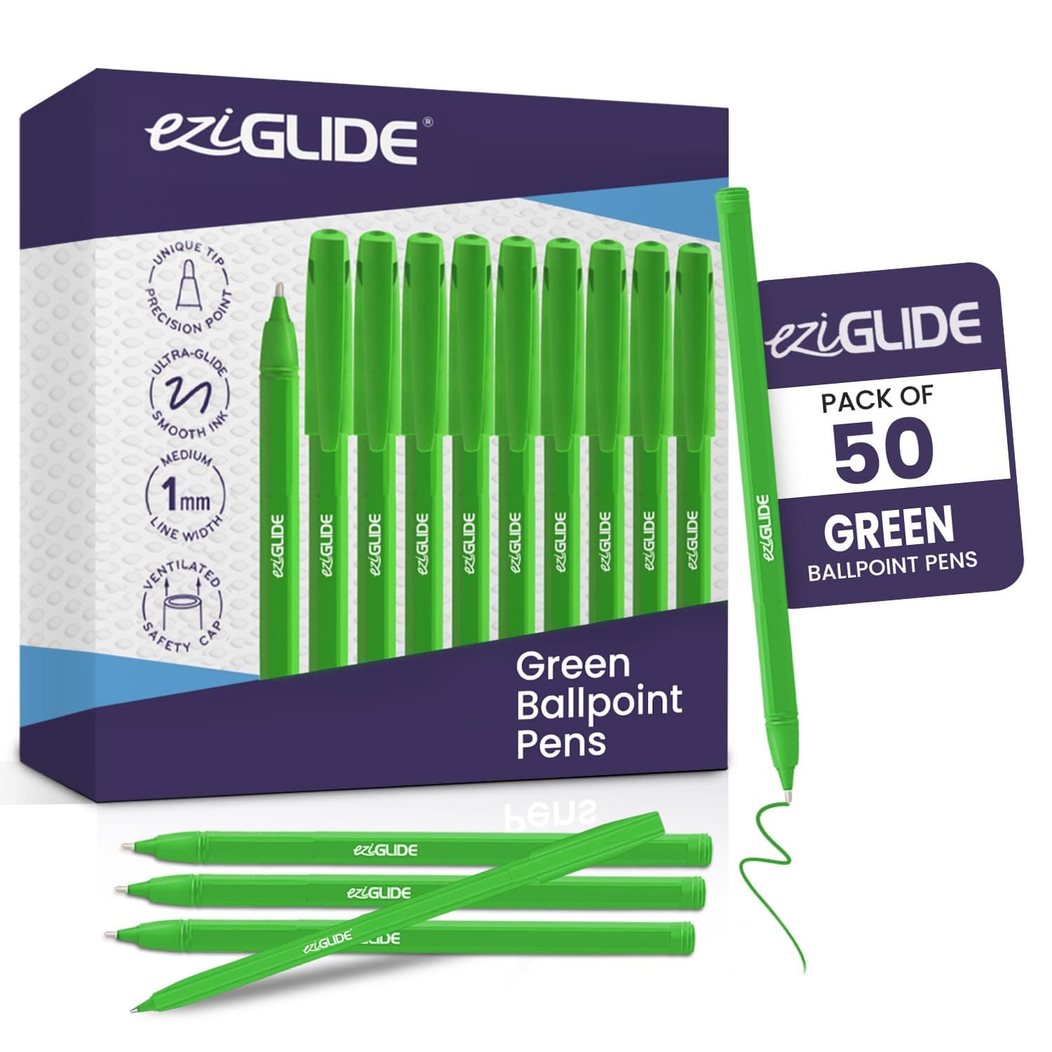 Eziglide Ballpoint Pen Set, 50-Pack Green – Easy Grip & Medium Point (1.0mm) for Ultra-Smooth, Skip-Free Writing & Quick-Dry Ink – Ideal for Office, Work, Exam, School, Home & Stationery Use