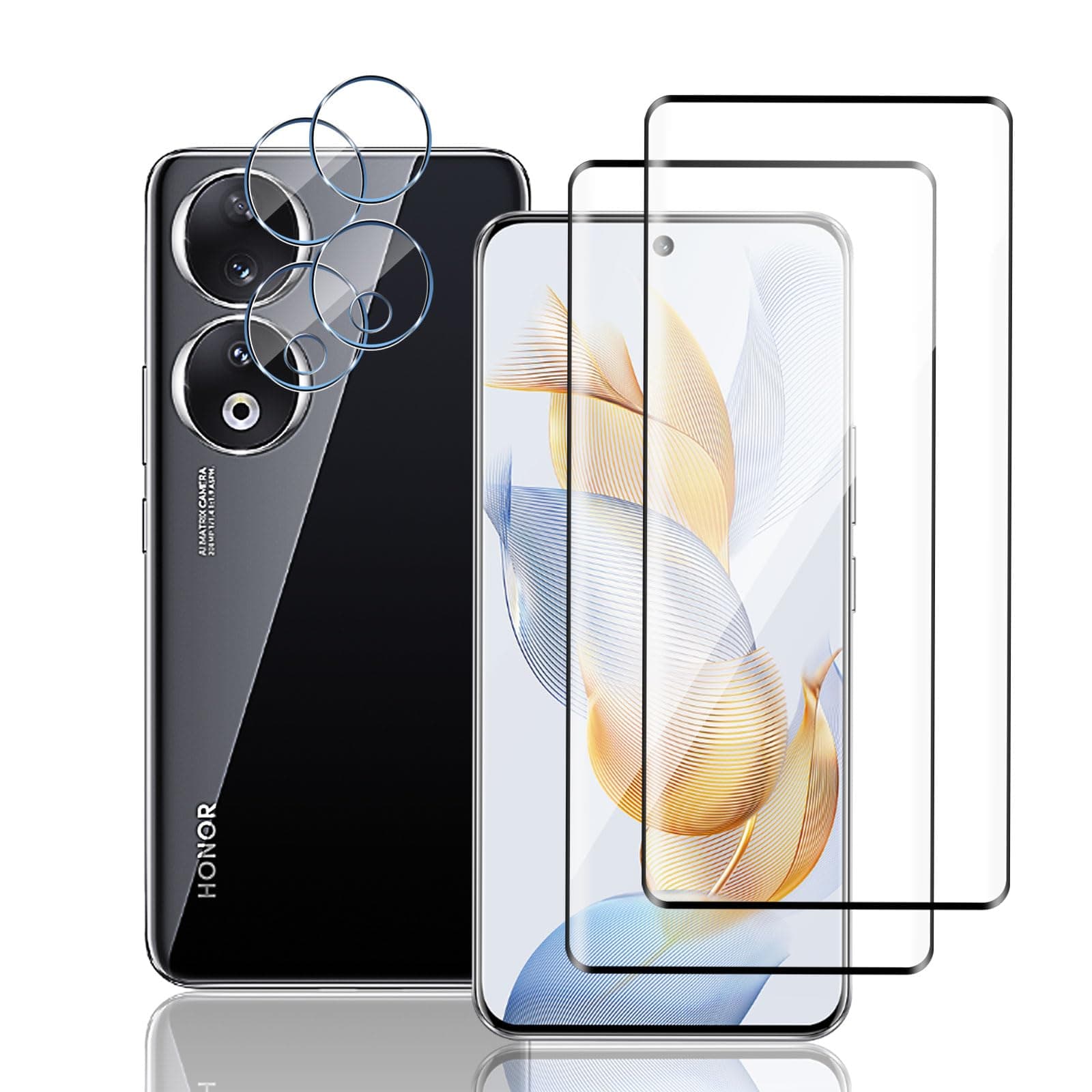 TUTUO [2+2 Pack Tempered Glass Compatible with Honor 90 5G Screen Protector + Camera Lens Protector, Frame Installation, [Anti-Scratch] 9H Hardness 3D HD Tempered Glass Film