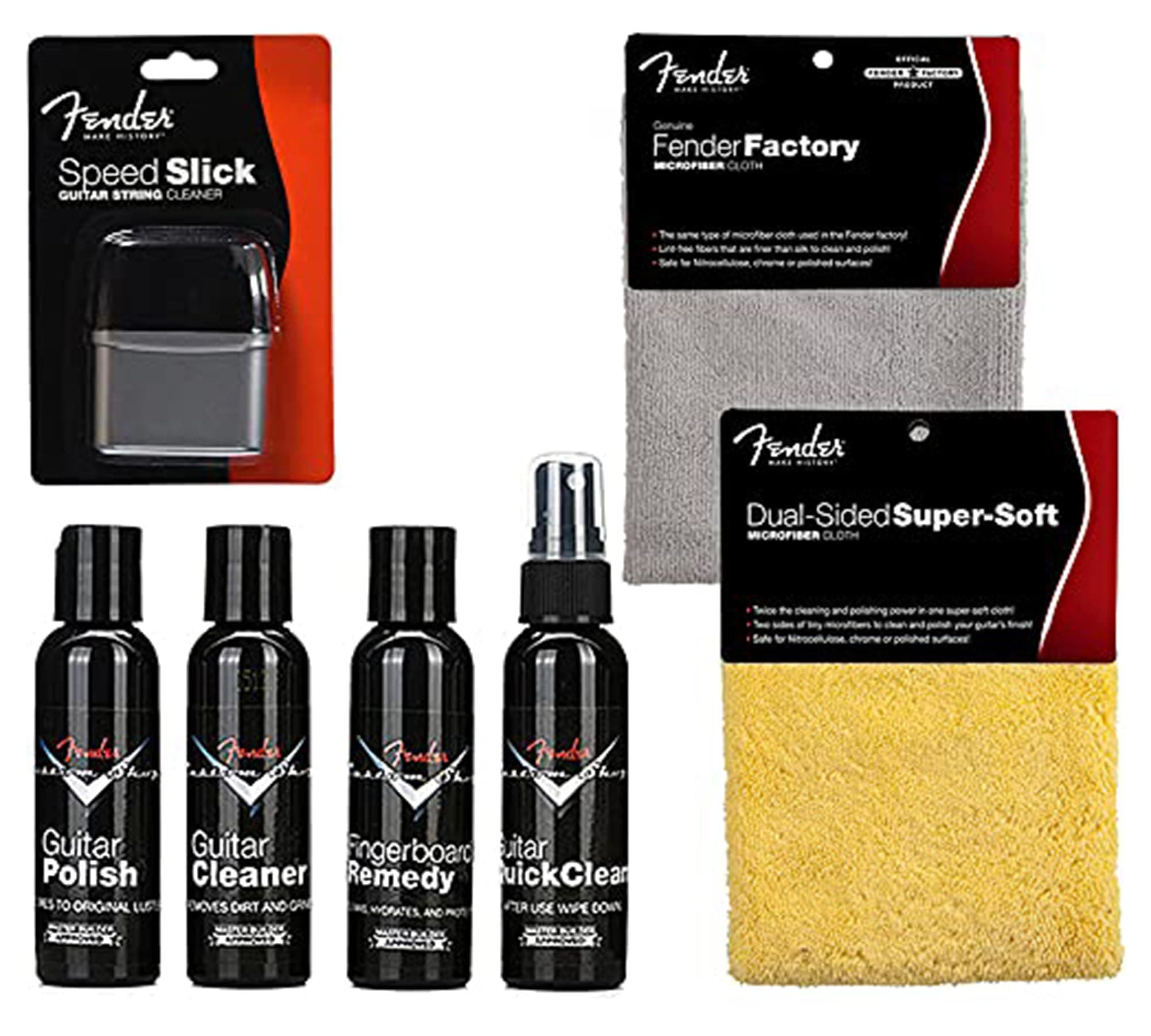 Fender Guitar Super Care Kit Bundle with Speed Slick String Cleaner, Custom Shop Deluxe Guitar Care System 4 Pack, Super-Soft Dual-Sided Microfiber Cloth, and Fender Factory Microfiber Cloth