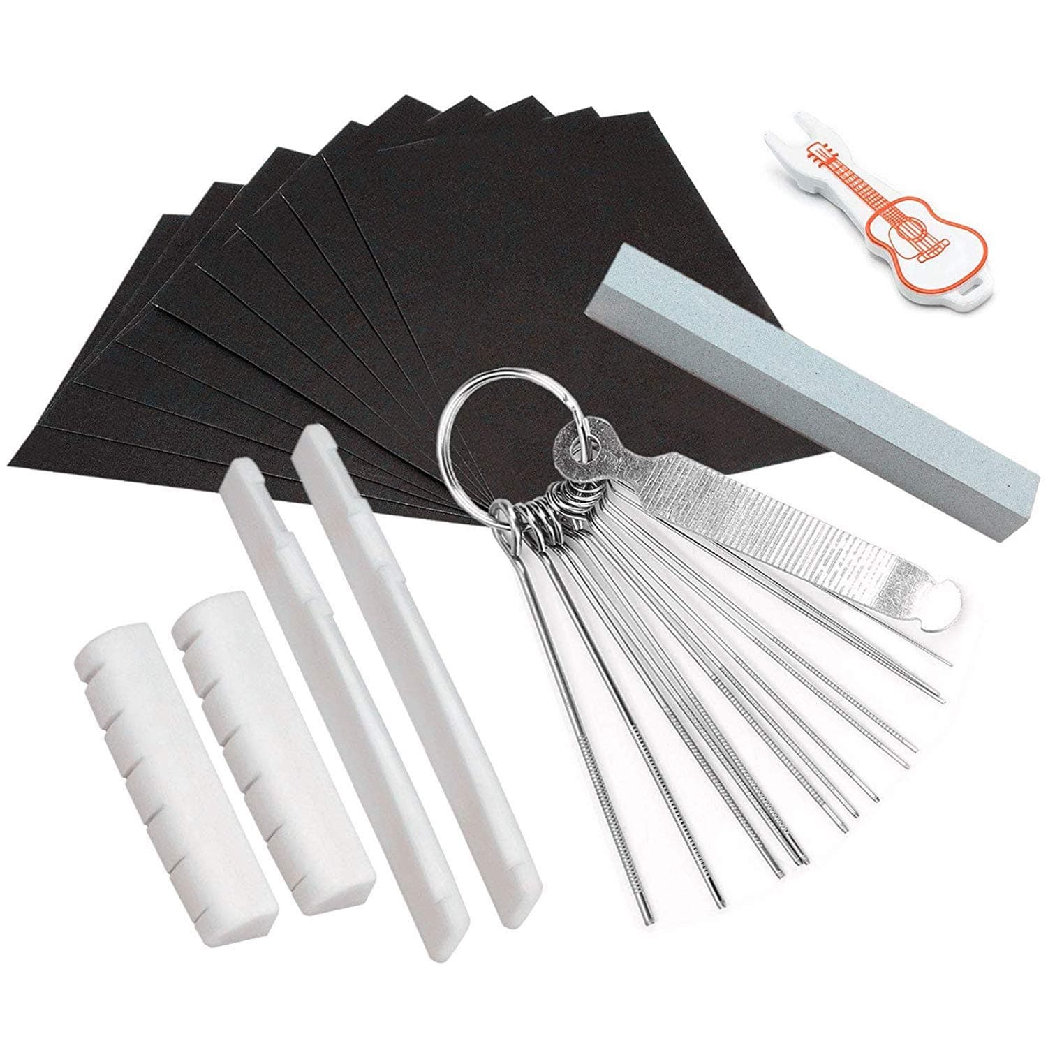 Topus 2 Sets (4pcs) Guitar Bone Bridge Saddle and Nut Made of Real Bone,Include 1 Pc Stainless Steel Grinding Needle File, 1 Pc Pin Puller, 1Pc Grinding Stone, 9 Pcs Sand Paper