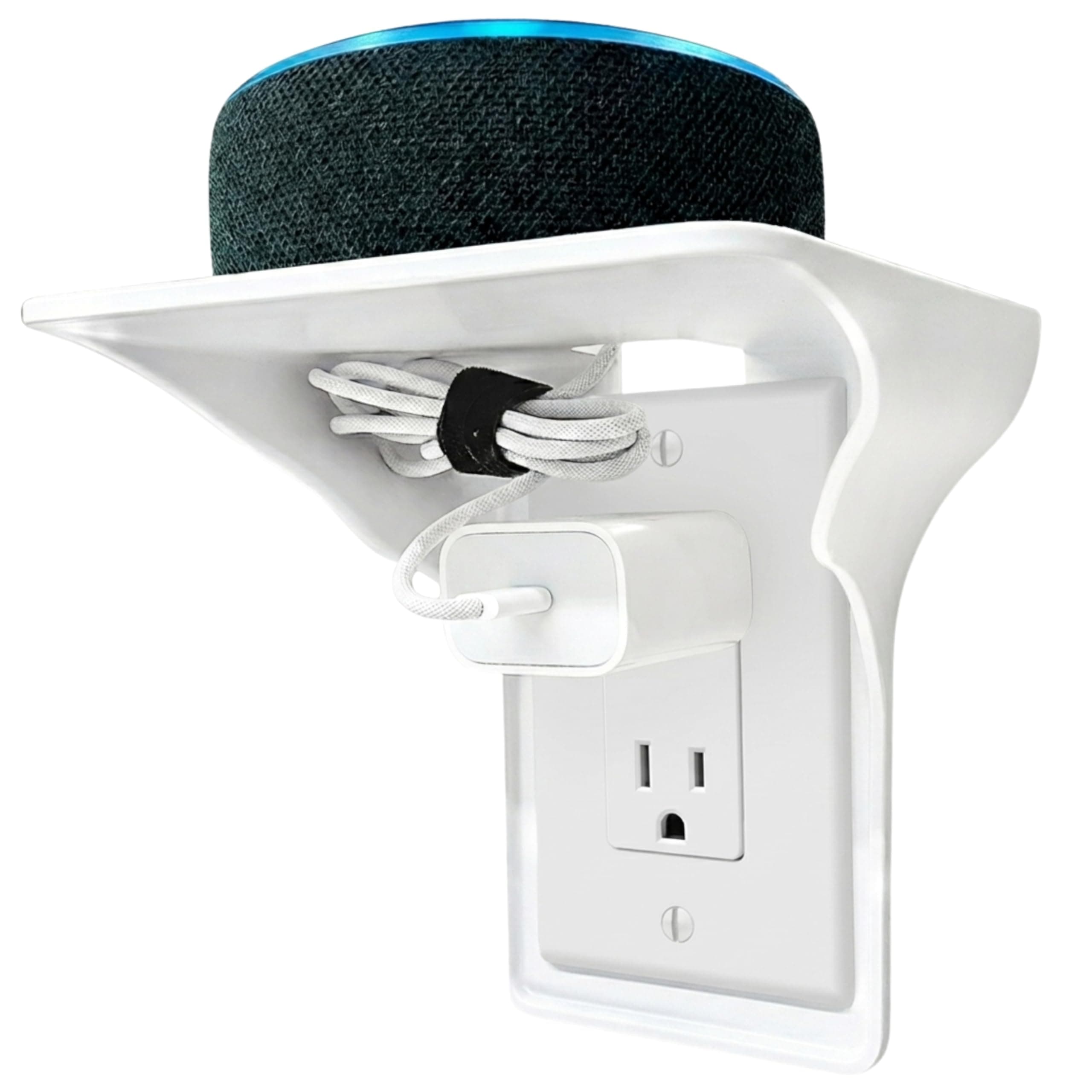 BeraTek Power Perch Wall Outlet Shelf with Cord Storage - Socket Shelf Space Saving Organizer for Alexa, Apple HomePod Mini, Smart Speakers - Bathroom Charging Stand Holder Mount - White, 1-Pack