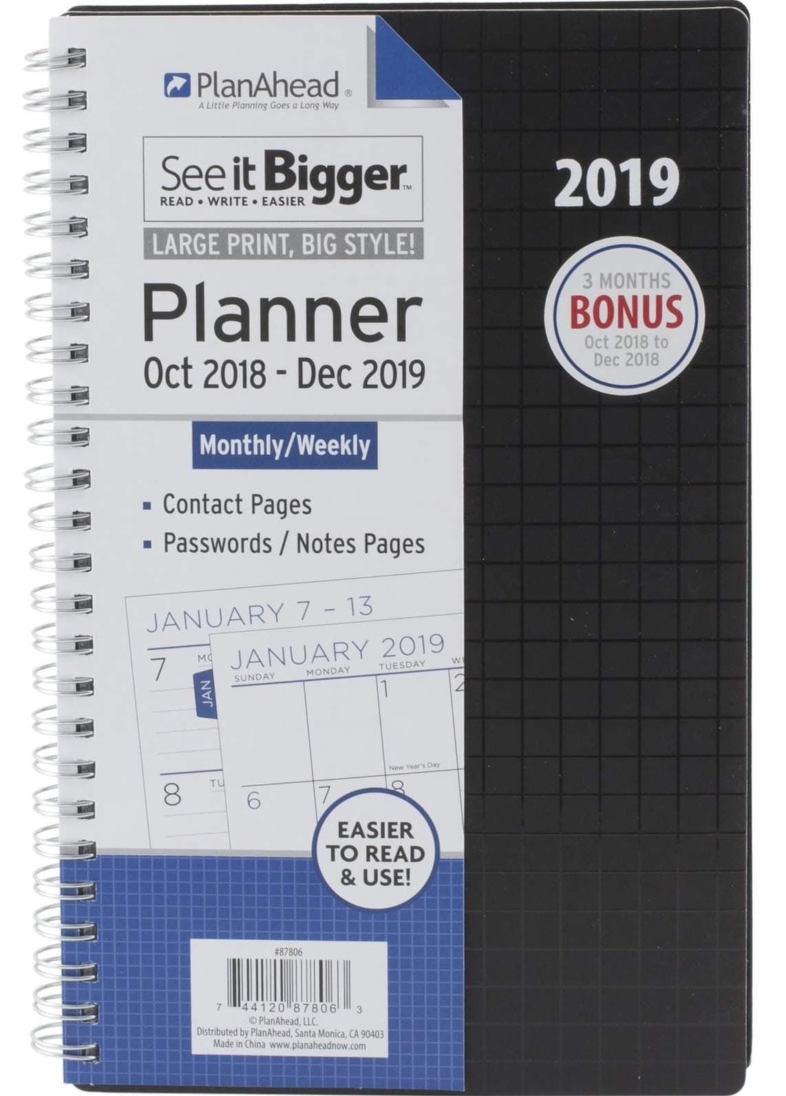 OCT 2018-DEC 2019 PlanAhead See It Bigger Monthly/Weekly Planner - Black - Medium (5.5 x 8.5 Inches)