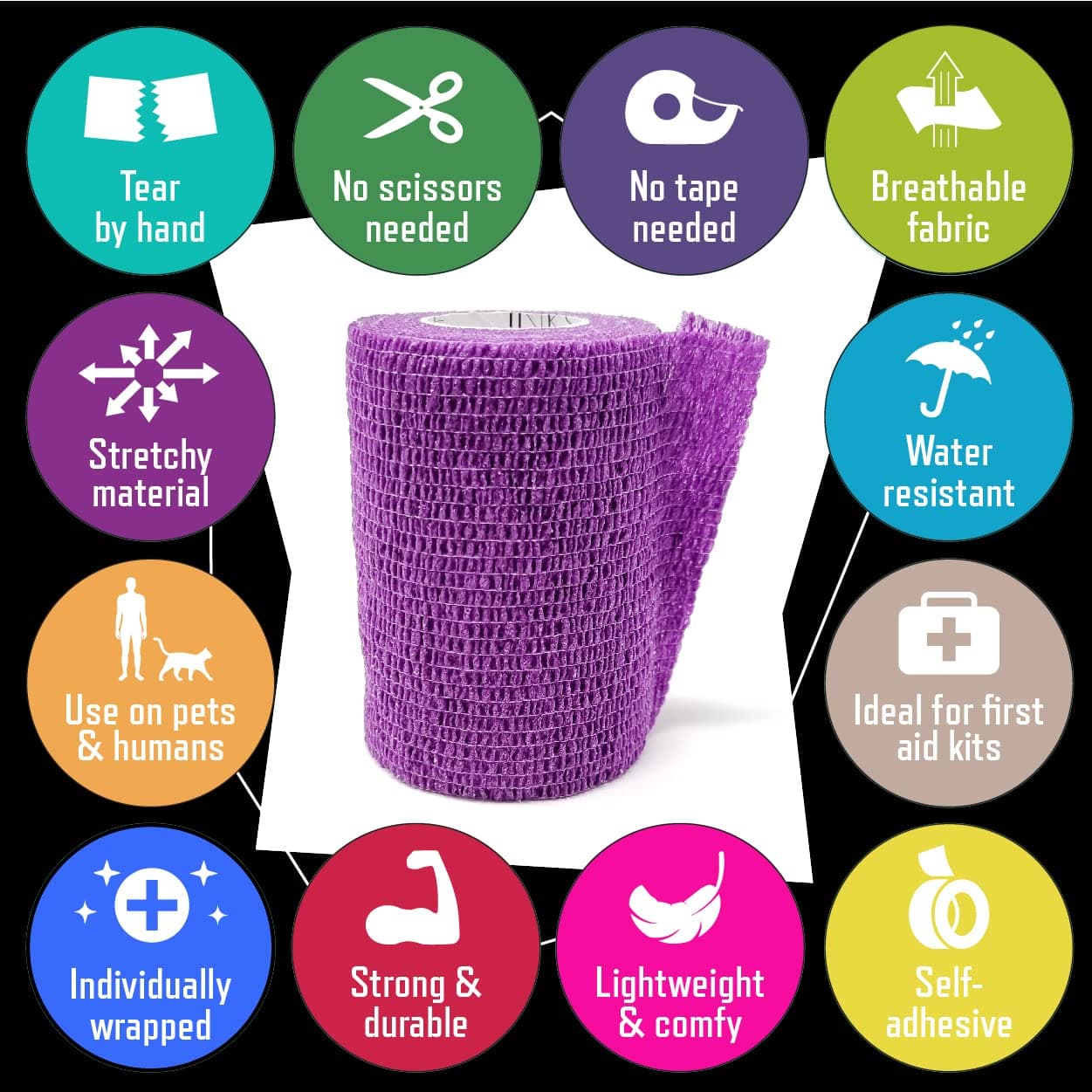 Inksafe Assorted Colours Self Adherent Cohesive Bandages 7.5cm x 4.5m Box of 12 - Uses Include Vet Wrap, Tape for Human Wrist and Ankle Sprains and Sports Injuries