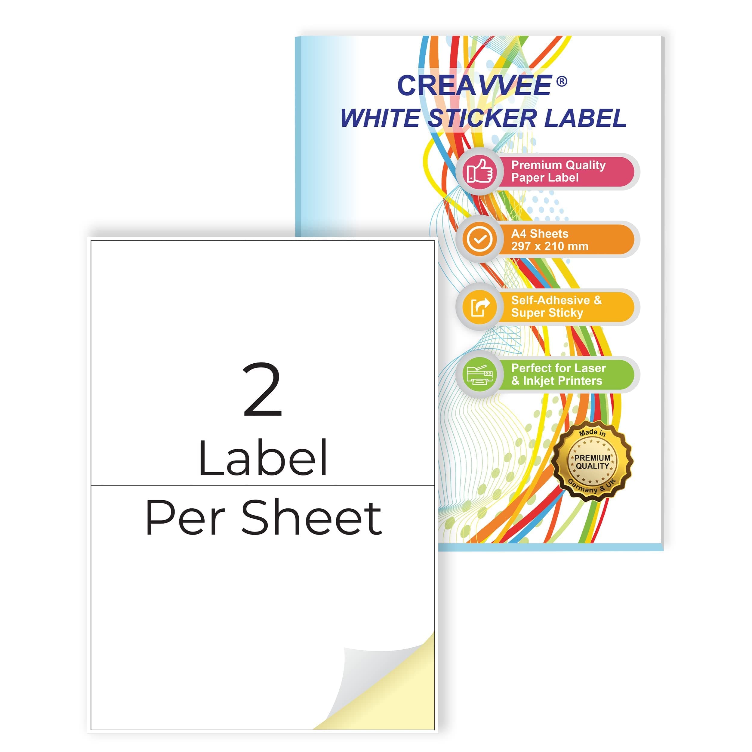 2 Sticker per Sheet, 25 A4 Sheets, Art & Craft Printable White Sticker Paper Labels for Laser/Inkjet Printers - Sticker Size A5 (210 x 148 mm)