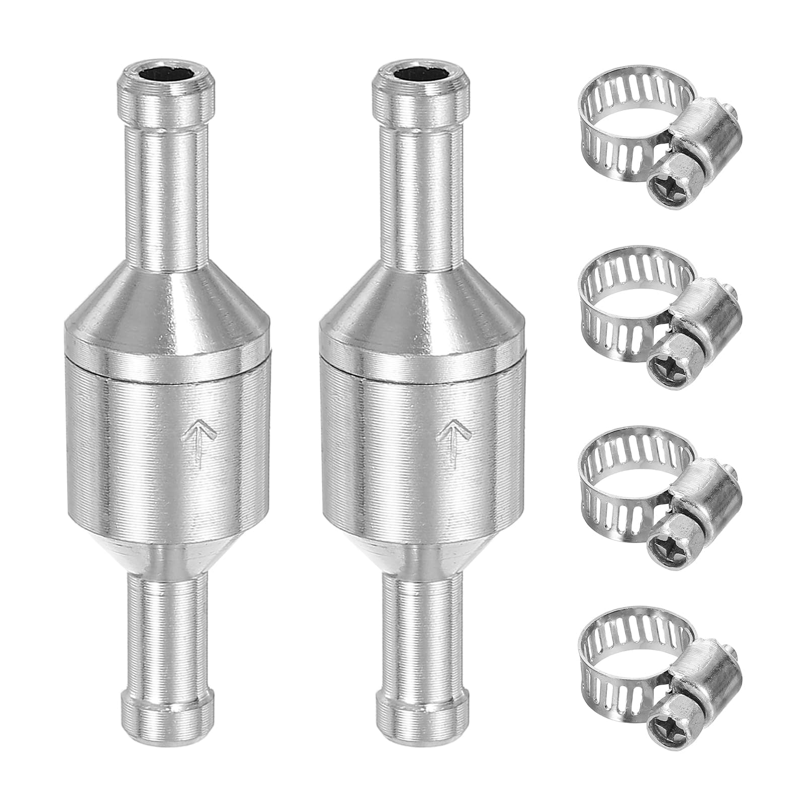 uxcell 2Pcs 6mm (1/4") Fuel Check Valve, Non-Return One Way Hose Check Valve, Aluminum Alloy Control Accessories with Clamps for Petrol, Diesel, Gas, Oil, Air, Water, Silver