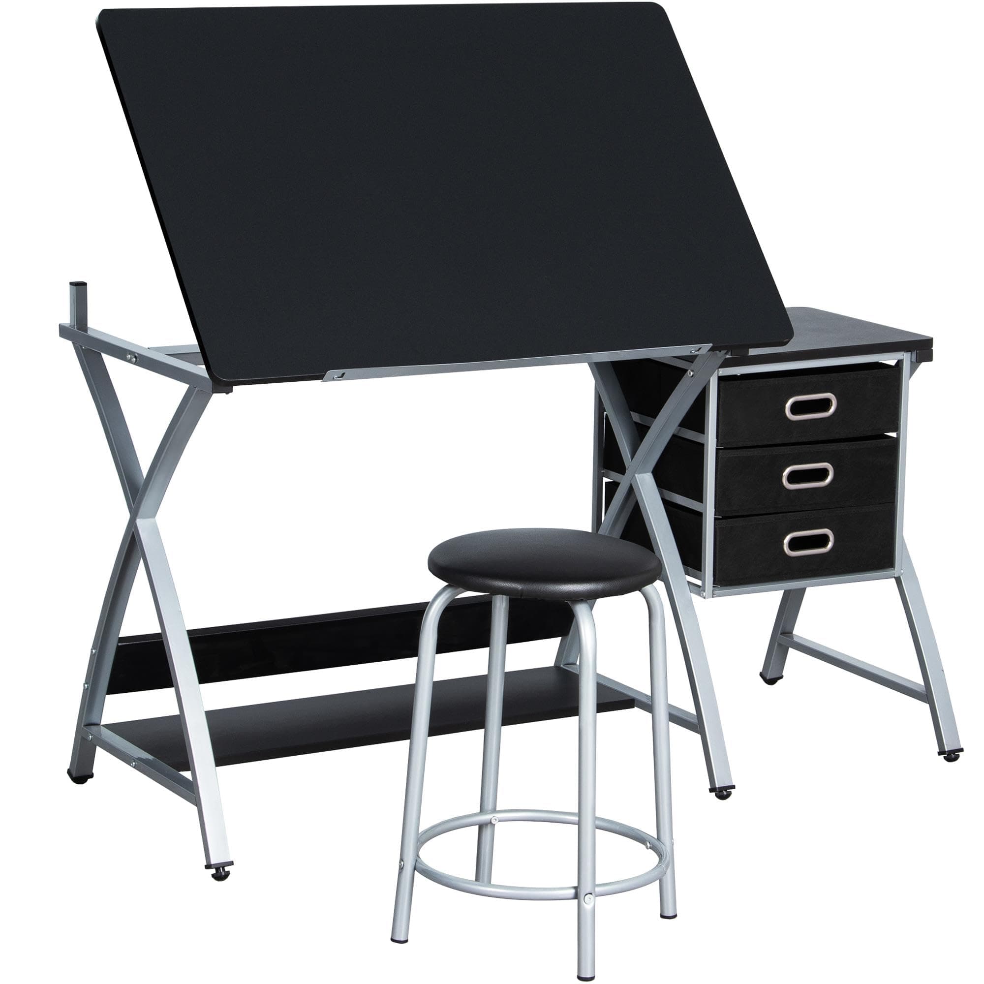 Yaheetech Drafting Desk, Drawing Table for Artists/Adults, Art Desk w/Stool and 3 Slide Drawers, Painting Studio Design Work Station, Adjustable Tabletop, Modern, 50.5 x 24 x 45 inch