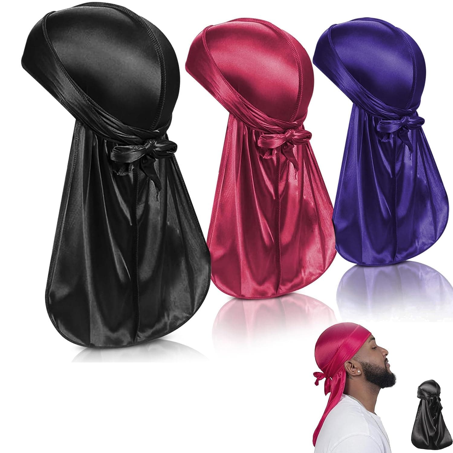 3PCS Silky durags Cap Set with Long Tail - Breathable Headwrap for 360 Waves & Hair Protection - Fashionable Do Rag for Men & Women, Ideal for Sports & Sleep(Black,Blue,Rose Red)