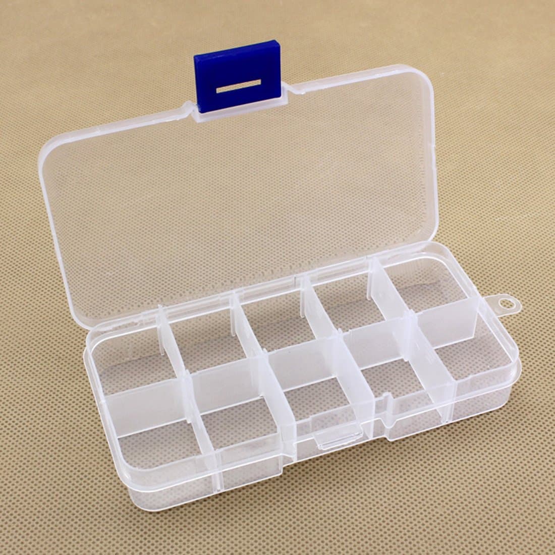 JDONOW 10 Slots Adjustable Clear PP Storage Box Organizer for Cosmetics Jewelry Beads Sewing Pills Storage (Transparent Box Blue Button)