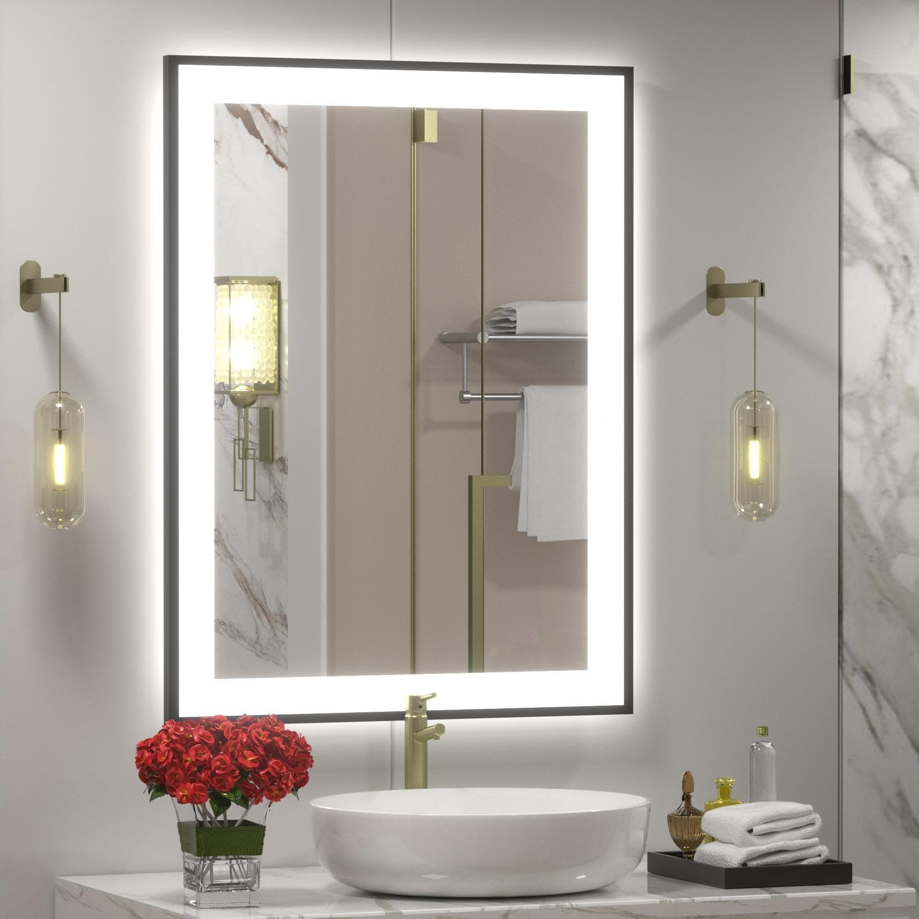 Framed LED Lighted Bathroom Mirror 24x32, Dimmable Vanity Mirror for Wall, Backlit and Front Lighted, Anti-Fog (Horizontal/Vertical)