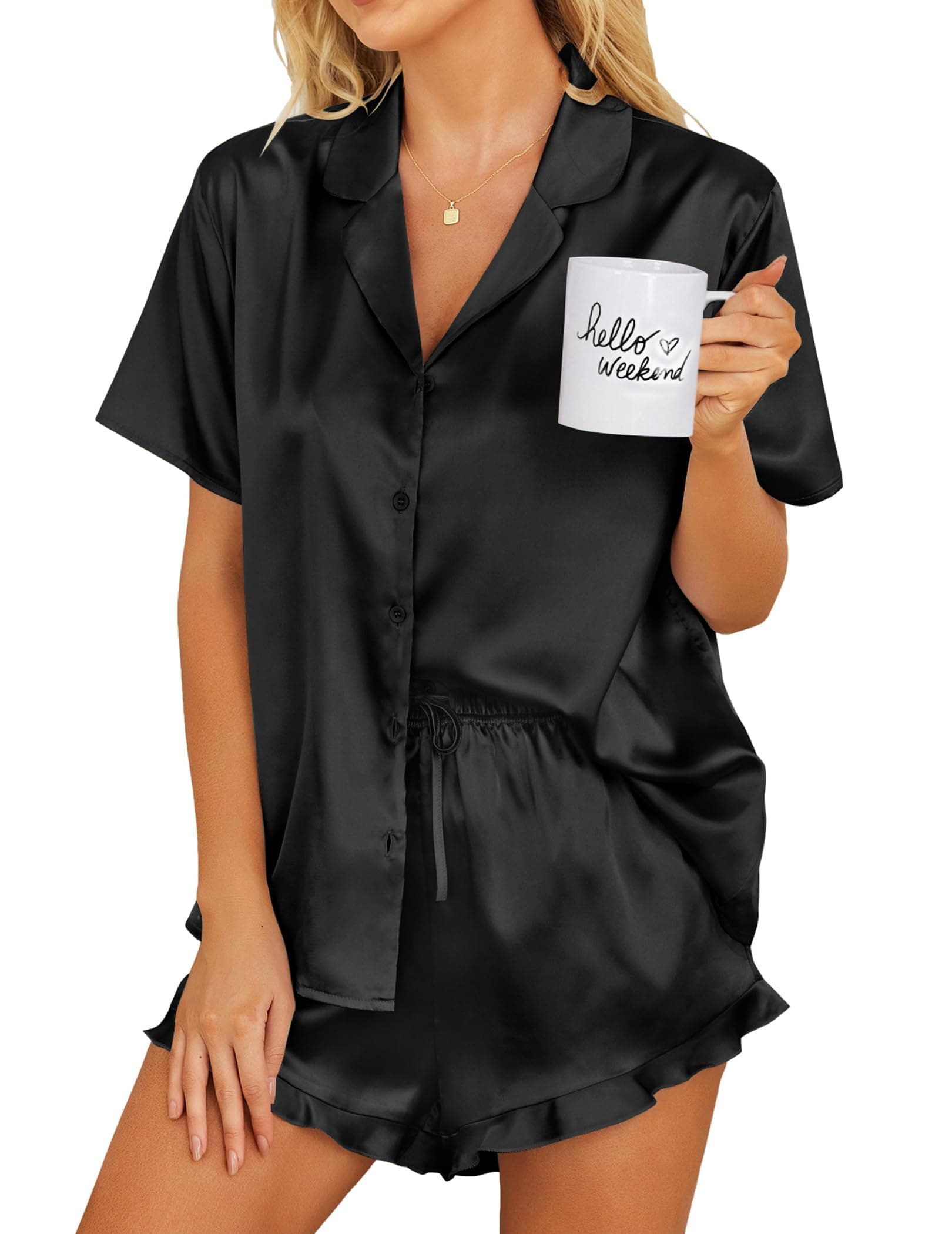 Womens Satin Pajamas Set Button Down 2 Piece Silk Pjs Shorts Set Ruffle Lingerie Notch Collar Sleepwear