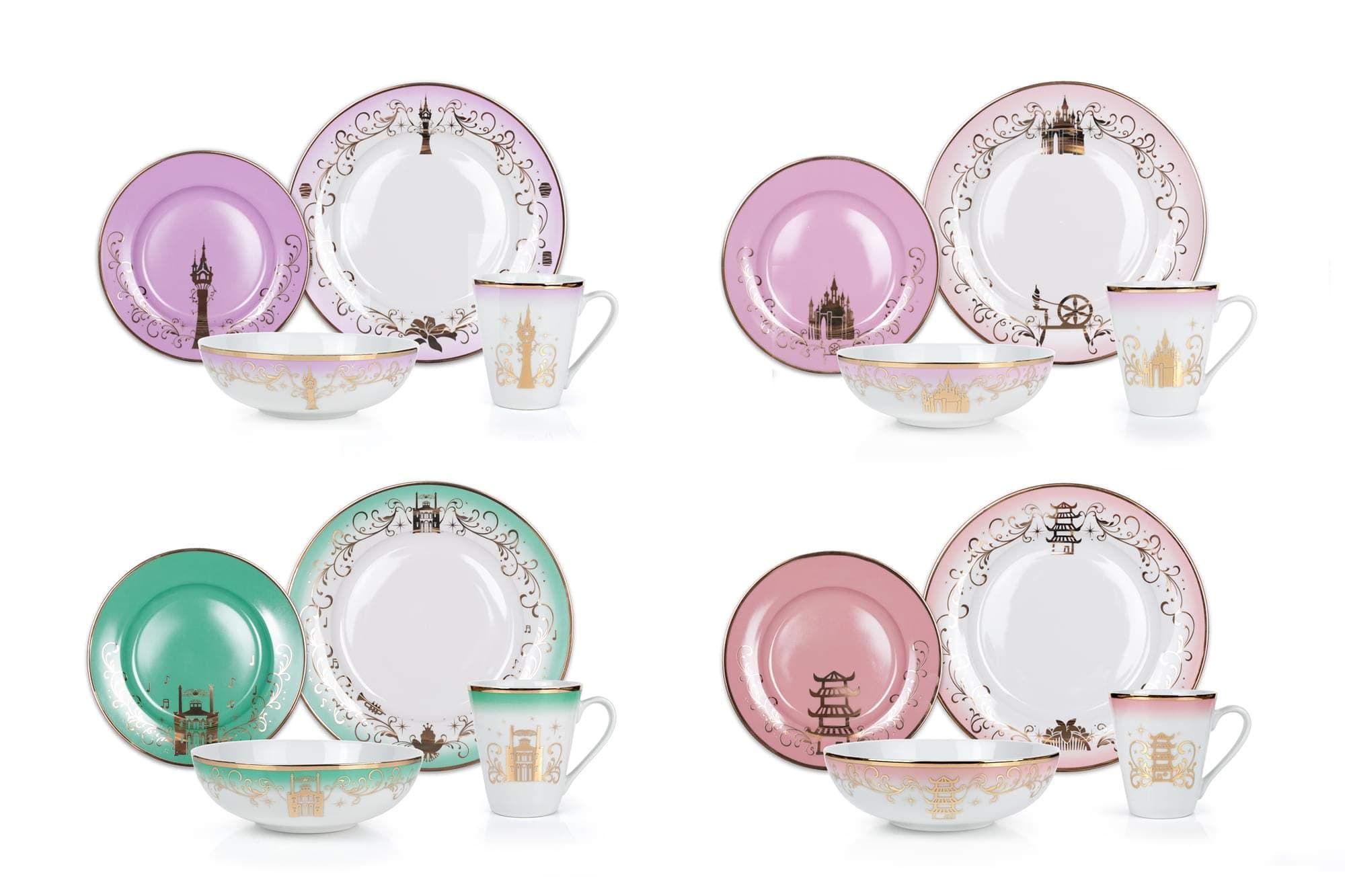 Themed Dinnerware Set - 16 Ceramic Dishes, 4 Place Settings | Collection 2 | Featuring Princesses Tiana, Rapunzel, Aurora, and Mulan | Colorful Dinner & Dessert Plates, Bowl & Mug