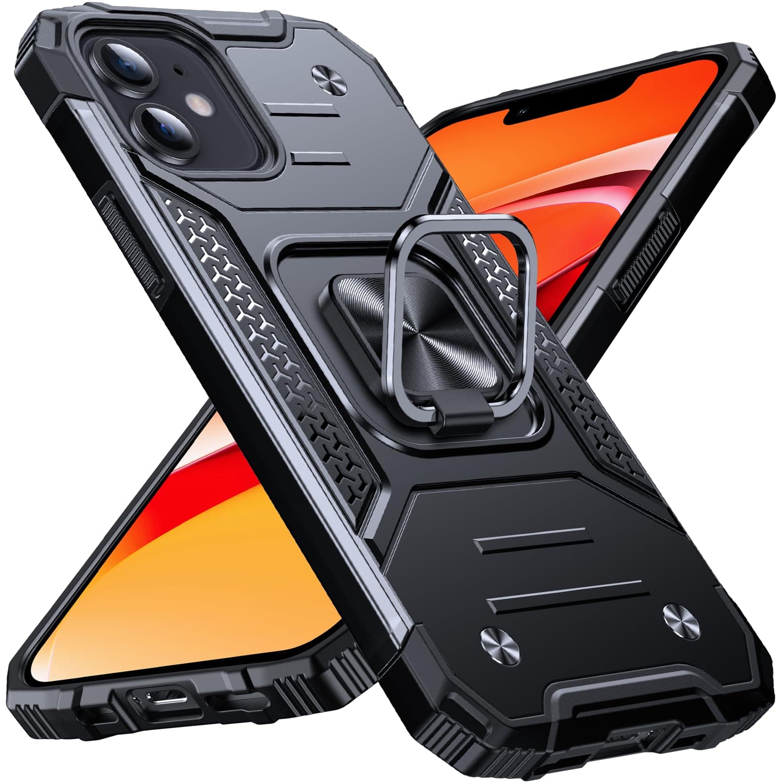 Anqrp Heavy Duty Black Case for iPhone 12/12 Pro Case with Enhanced Ring Holder Grip Stand, Military Grade Shockproof Rugged Drop Protective Silicone Hard Slim iPhone 12 Phone Case Cover, Matte Black