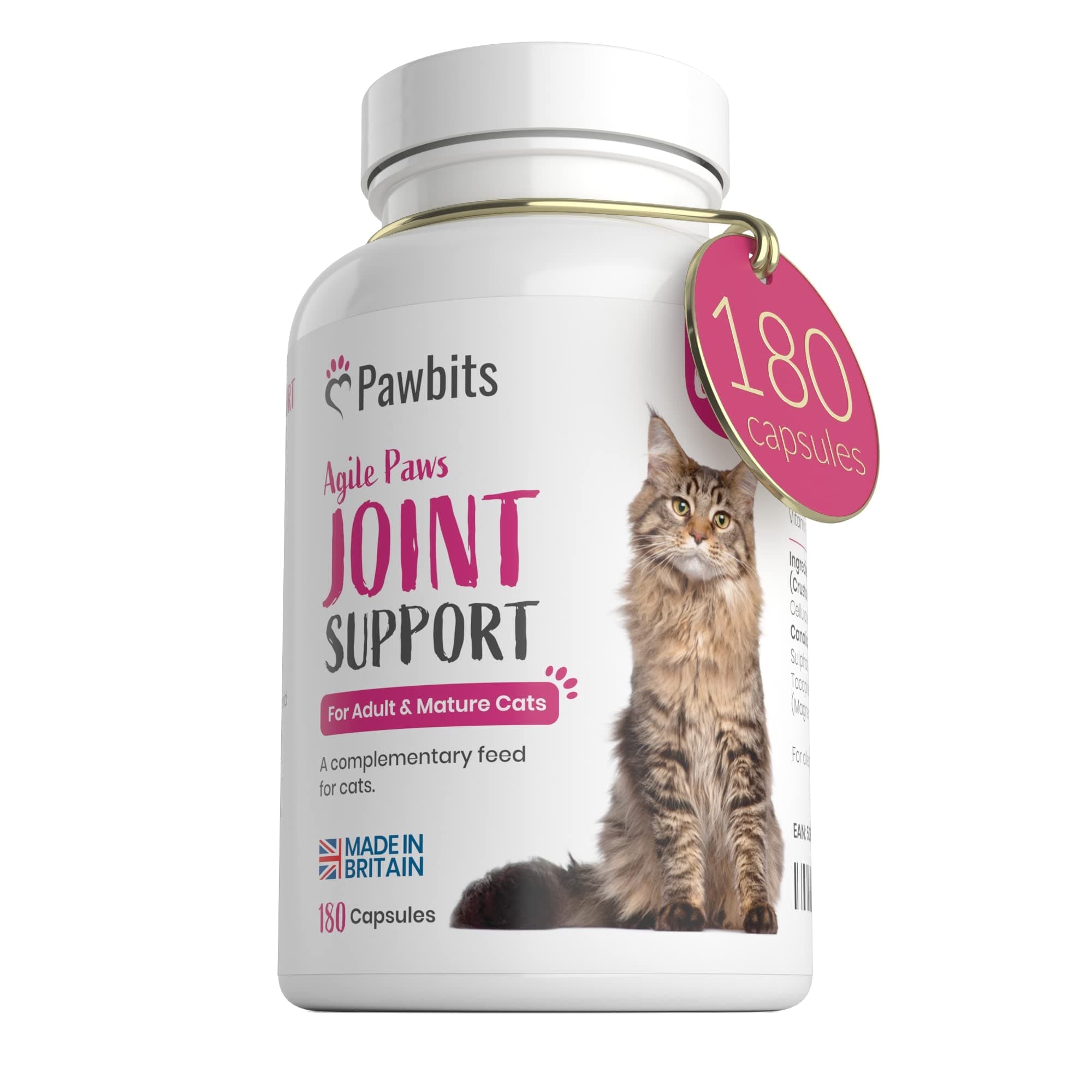 180 Pawbits Joint Support for Cats Tablets for Stiff & Mature Adult Cats Anti-Inflammatory Relief Supplements, Green Lipped Mussel, Glucosamine & Hyaluronic Acid Sprinkle Capsules (180)