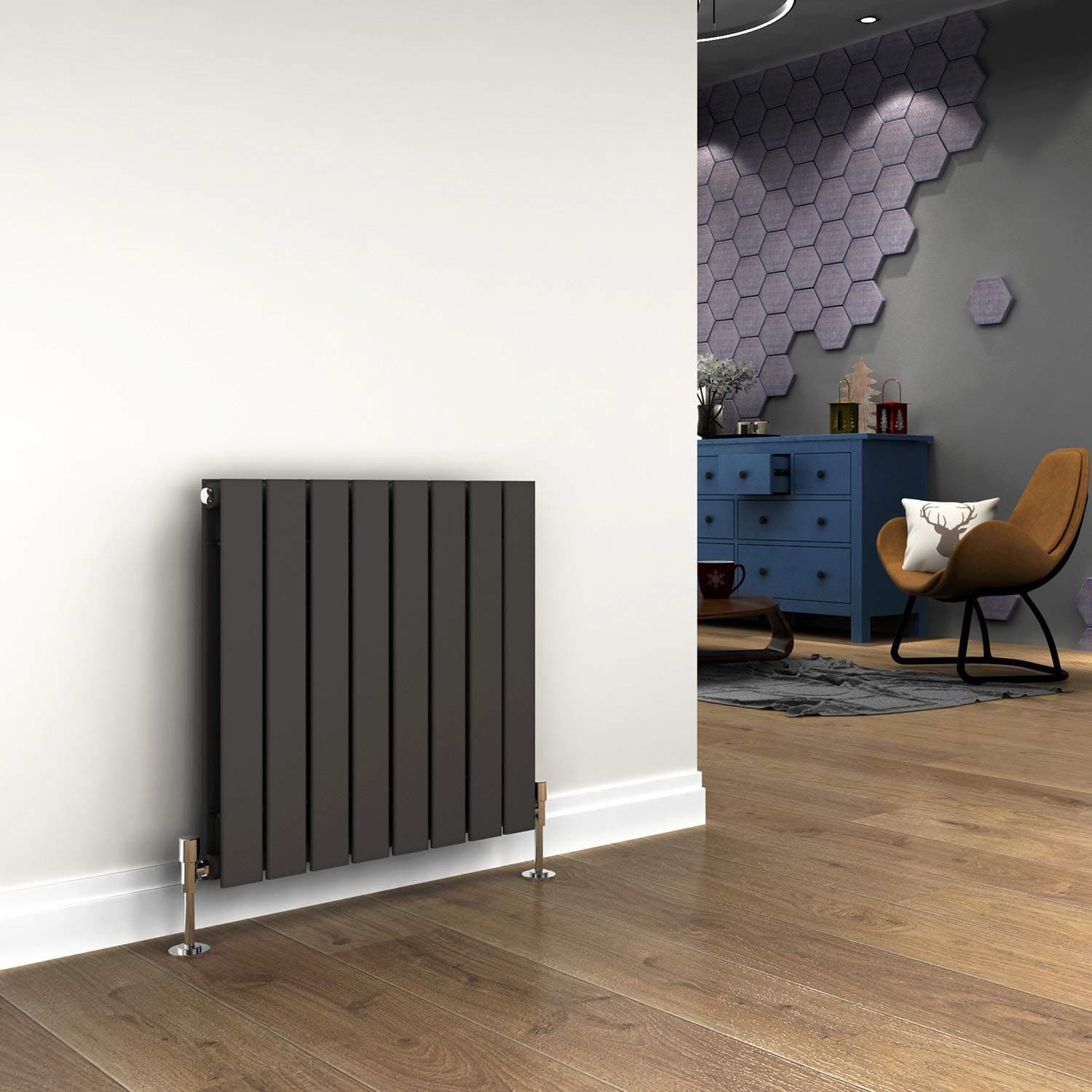 ELEGANT 600 x 600 mm Column Horizontal Designer Radiators Anthracite Double Flat Panel Horizontal Radiator, Modern Central Heating Perfect For Bathrooms, Kitchen, Hallway, Living Room