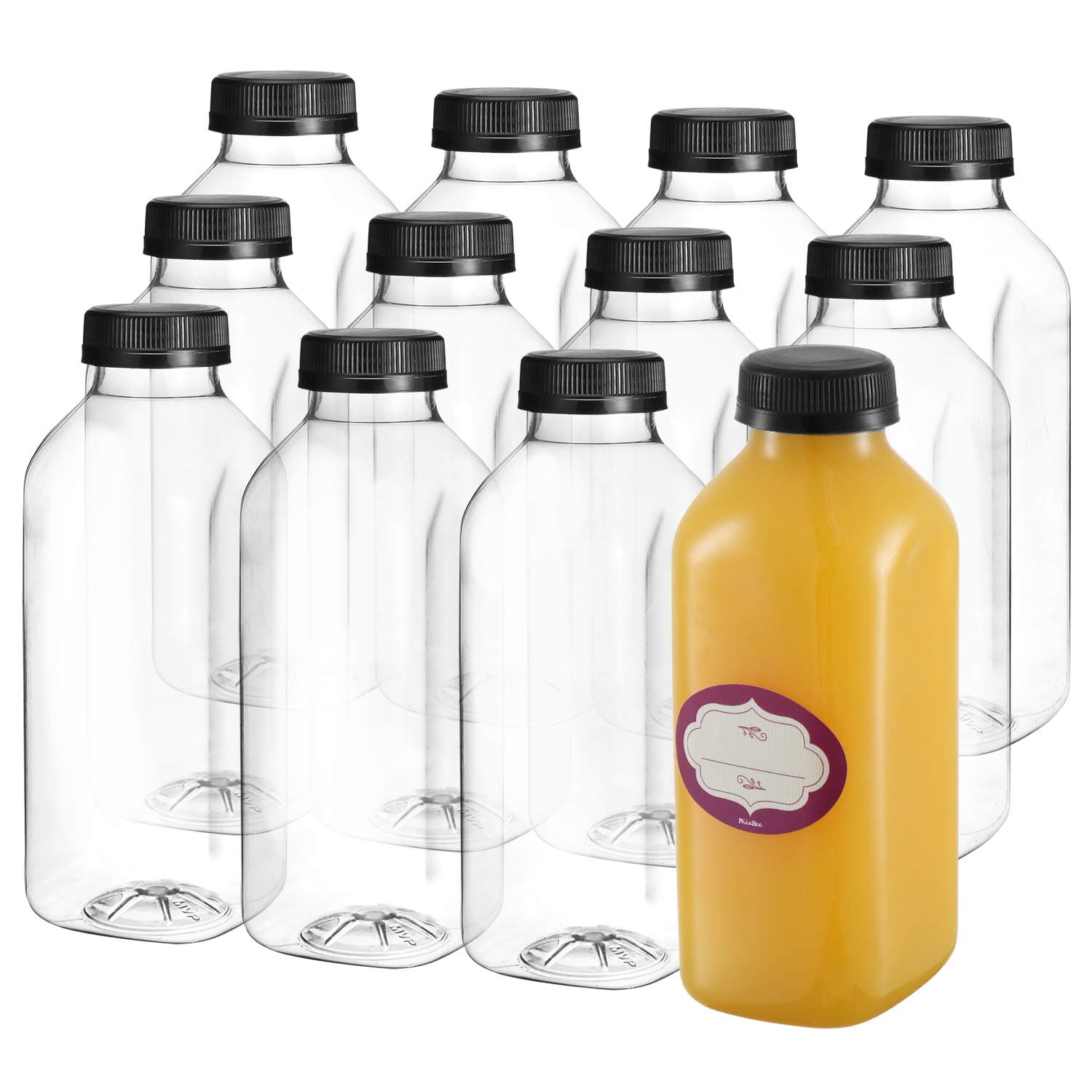 DilaBee 16 Oz Empty Plastic Juice Bottles with Lids – 12 Pack Small Square Drink Containers - Great for Storing Homemade Juices, Water, Smoothies, Tea and Other Beverages - Food Grade BPA Free