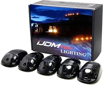 iJDMTOY 5Pcs Amber Led Cab Roof Top Marker Running Lights For Truck Suv 4X4 (Black Smoked Lens Lamps)