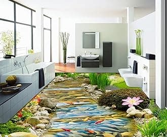 Wall Mural Wallpaper 96 x 66 inch (Width x Height) 3D PVC Flooring Custom Wall Sticker 3D Hd Streams Goldfish Lotus 3D Bathroom Flooring Paintings Photo 3D Wall murals Wallpaper